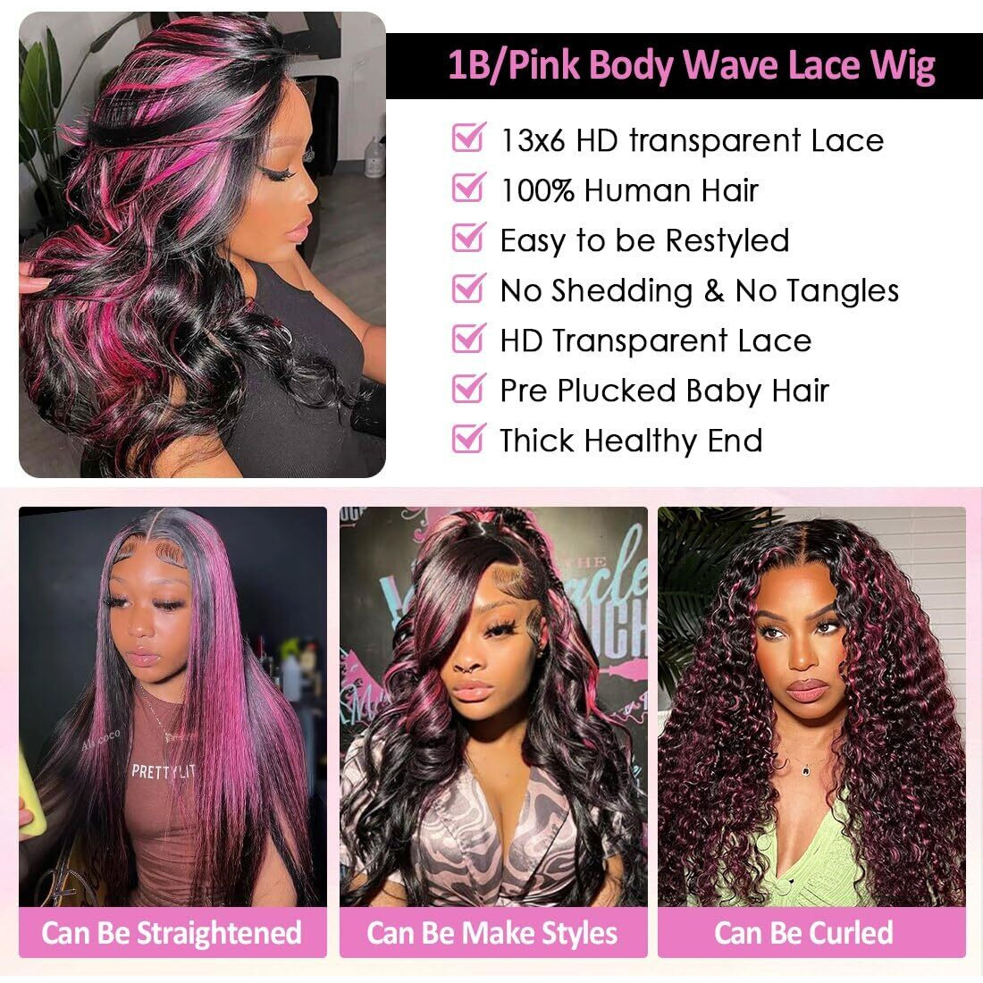 Agairl Highlight Wig Human Hair 13X6 Pink And Black Wigs 210% Density 1B/Pink Ombre Body Wave Lace Front Wigs Human Hair Pre Plucked Hd Lace Frontal Wig Pink And Black Wig 24 Inch