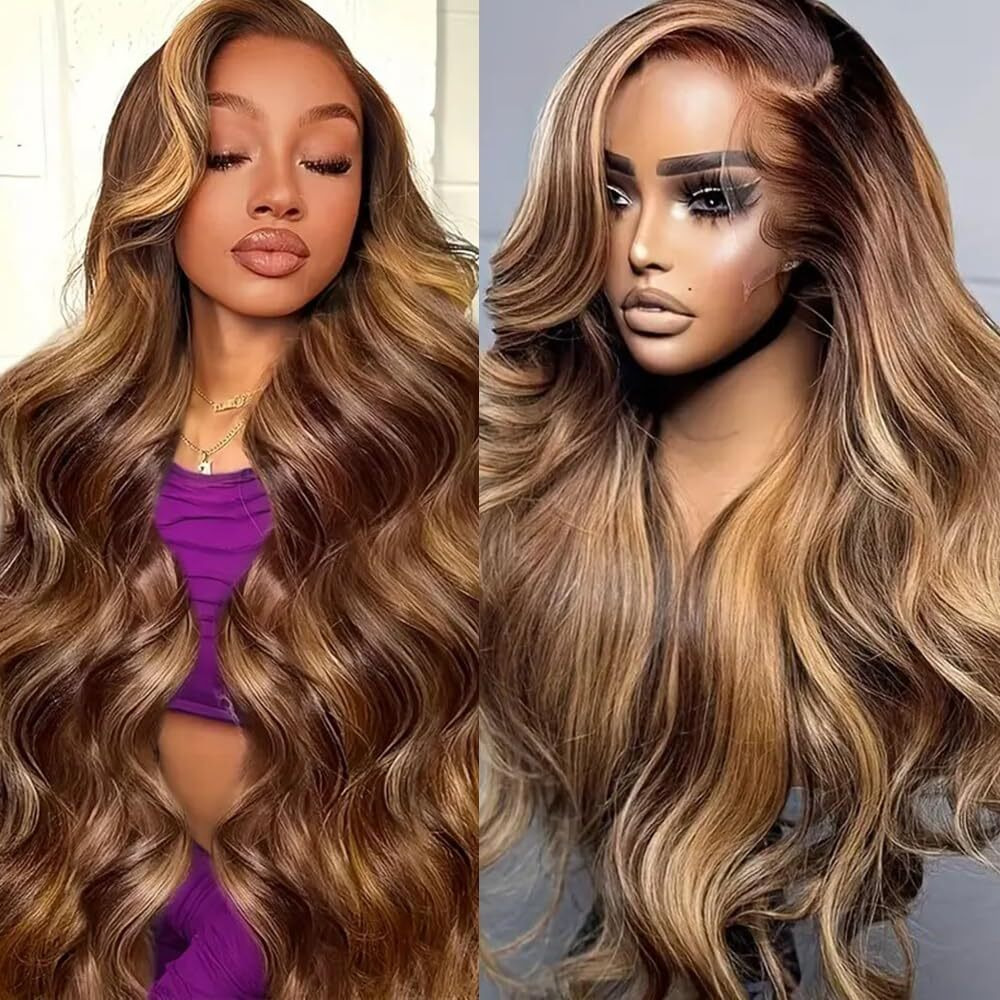 Belaved Ombre Highlight Lace Front Wigs Human Hair Body Wave Honey Brown Blonde 13X4 4/27 Wig Human Hair With Free Part Pre Plucked Hd Frontal 180 Density Glueless Colored 28Inch