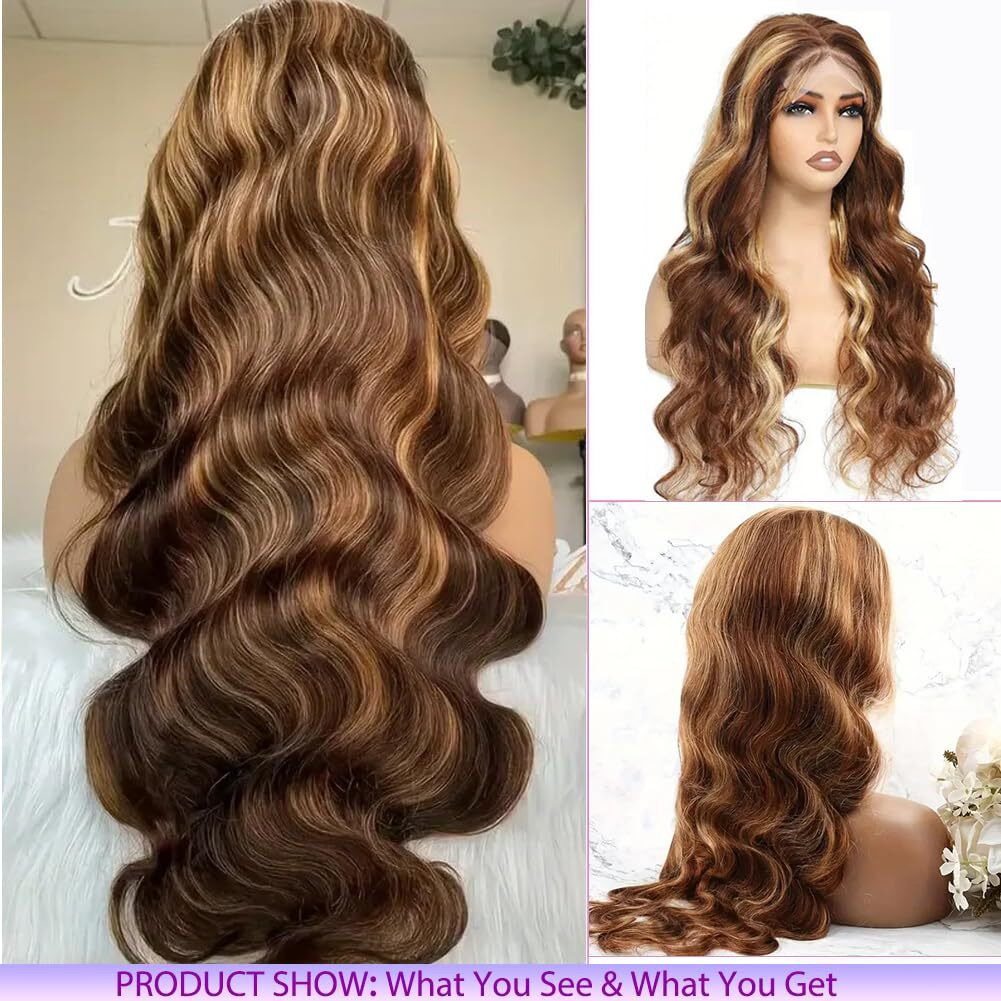 Belaved Ombre Highlight Lace Front Wigs Human Hair Body Wave Honey Brown Blonde 13X4 4/27 Wig Human Hair With Free Part Pre Plucked Hd Frontal 180 Density Glueless Colored 28Inch