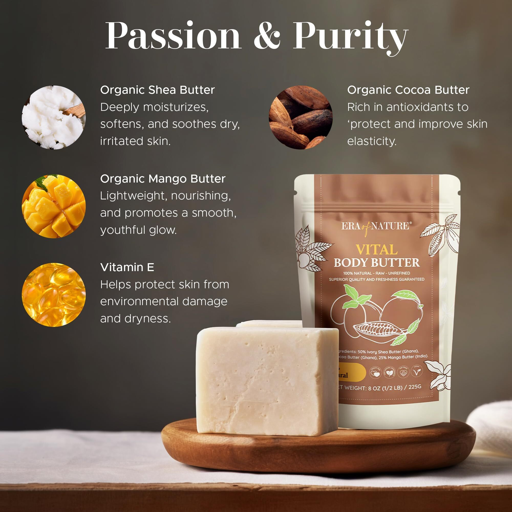 Era Of Nature Organic Shea, Mango & Cocoa Body Butter - Raw, Unrefined, 100% Natural - Perfect Base For Diy Skincare, Body Butters, Lotions, Soaps & Lip Balms - Essential For Homemade Creations - 8Oz