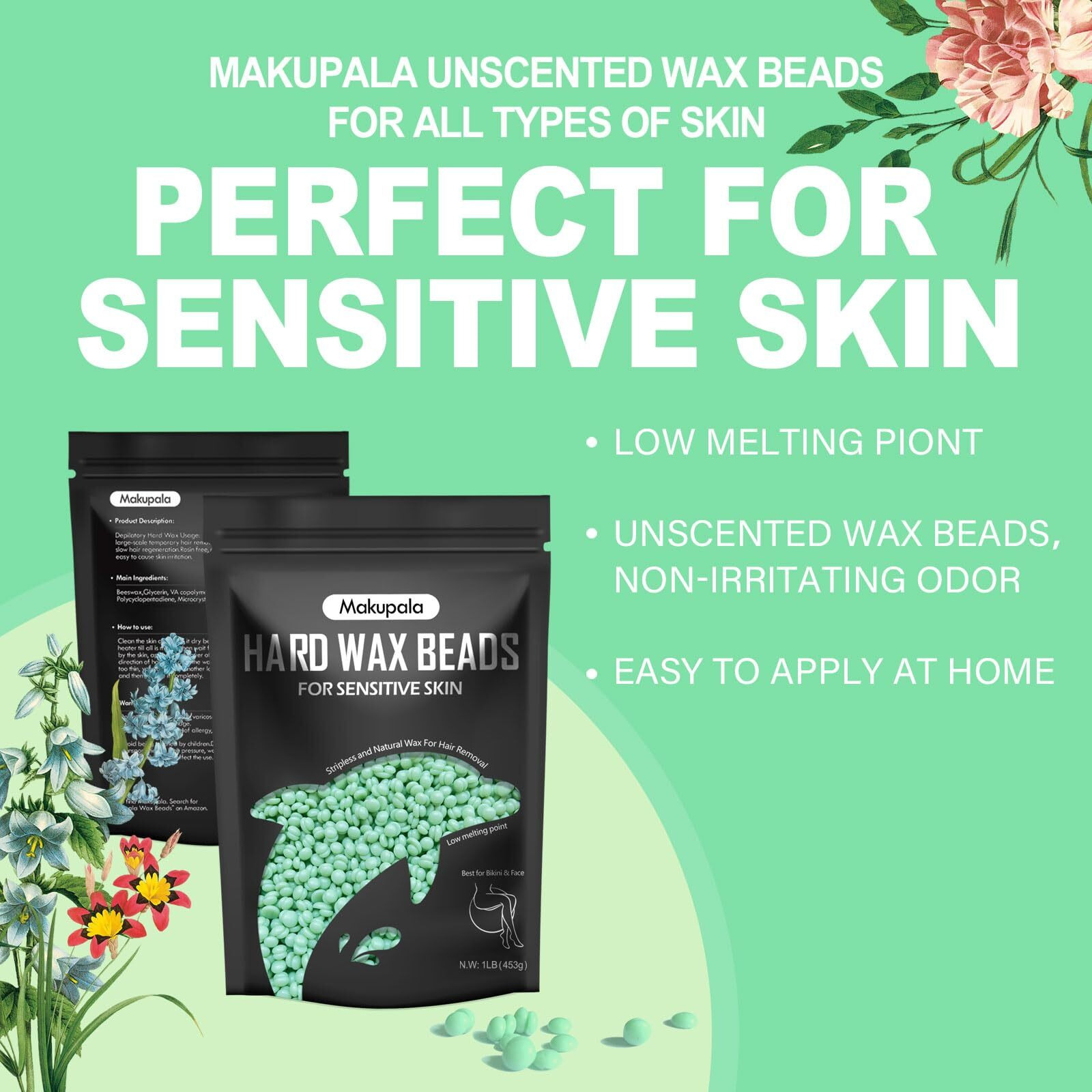 Makupala Hard Wax Beads Bulk, 3Lb Unscented Stripless Spa Wax Beans For Brazilian Waxing, Bikini, Body, Back, Chest, Leg, Armpit, Face, Wax Beads For Sensitive Skin Coarse Hair Removal From Root