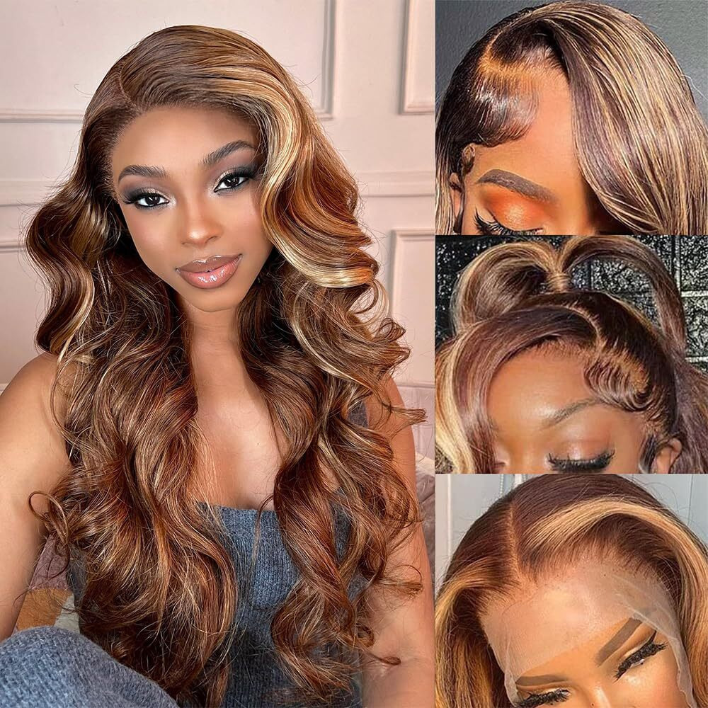 Indono 26 Inch Highlight Ombre Lace Front Wigs Human Hair Pre Plucked With Baby Hair Body Wave Frontal Wigs Human Hair 220% Density 4/27 Colored 13X4 Honey Blonde Lace Front Wig Human Hair For Women