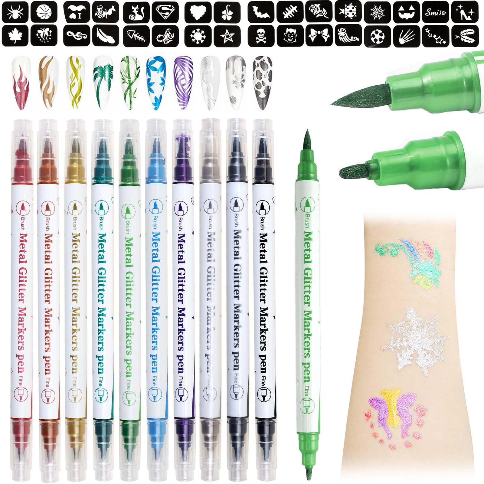 Jutqut Temporary Tattoo Markers For Skin, 10 Colors Body Markers Kit W/ 67 Patterns Tattoo Stencils For Kids And Adults, Nail Art Polish Pens, Flexible Dual-End Bold And Fine Tip Tattoo Pens