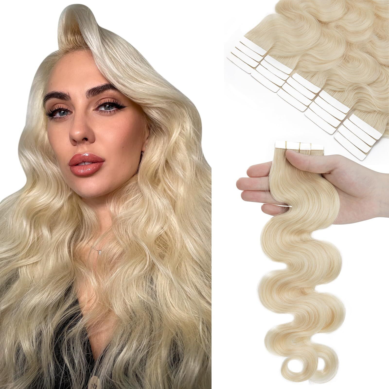 Hairro Tape In Human Hair Extensions 24 Inch Body Wave 40Pcs/Pack 100G Thin Silky Seamless Skin Weft Glue In Human Hair With Double Side Tapes White Blonde