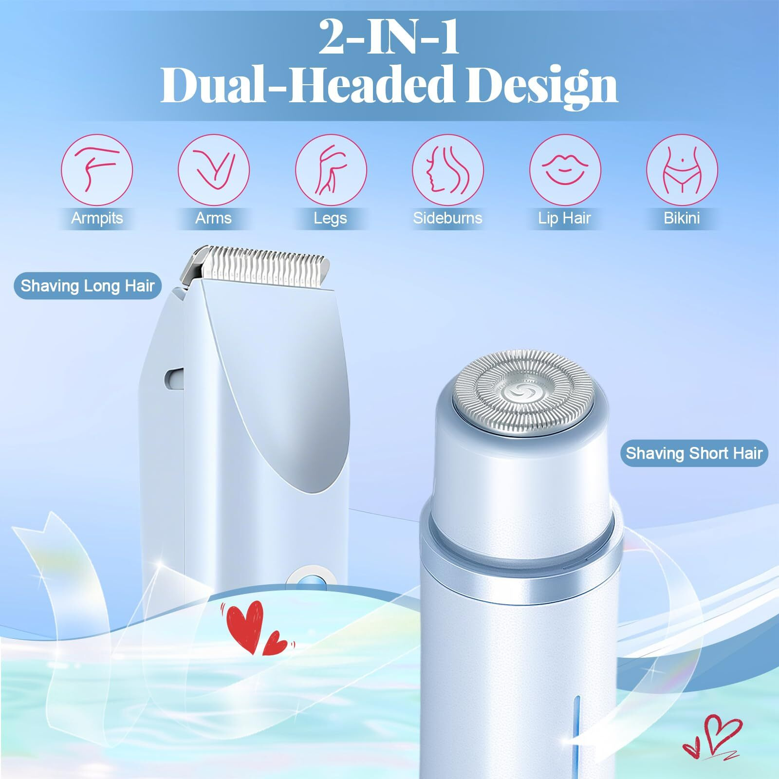 Dermave Bikini Shaver 2.0, Dual Head Electric Bikini Trimmer For Women, 2 In 1 Wet And Dry Waterproof Glow Aura Womens Shaver For Face, Legs, Underarm (Blue)