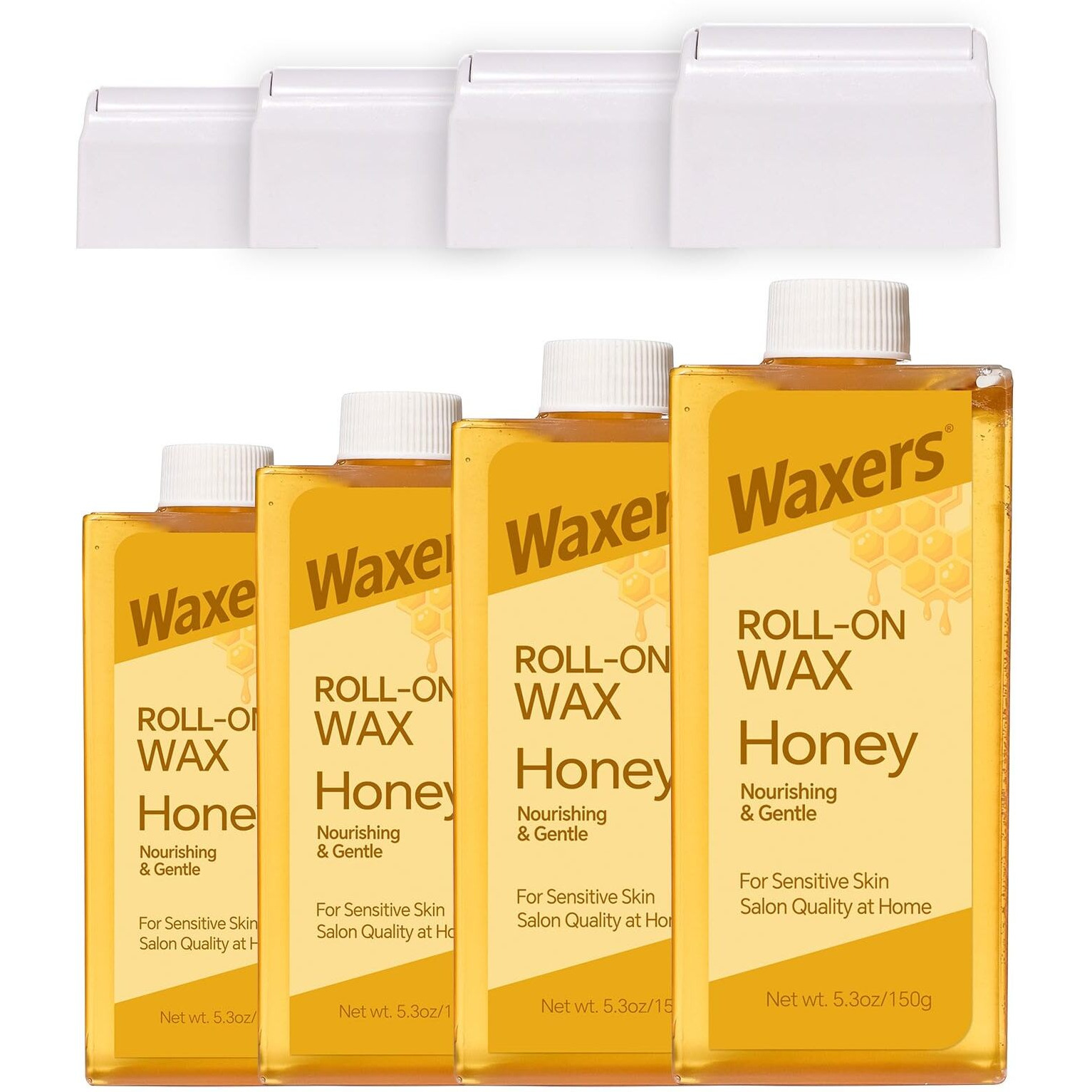 Waxers Roll On Wax Refill For Hair Removal Honey At Home Sugar Roller Waxing Cartridges For Sensitive Skin Depilatory Soft Wax For Legs Arms & Body 5.3Oz 150G 4 Pack