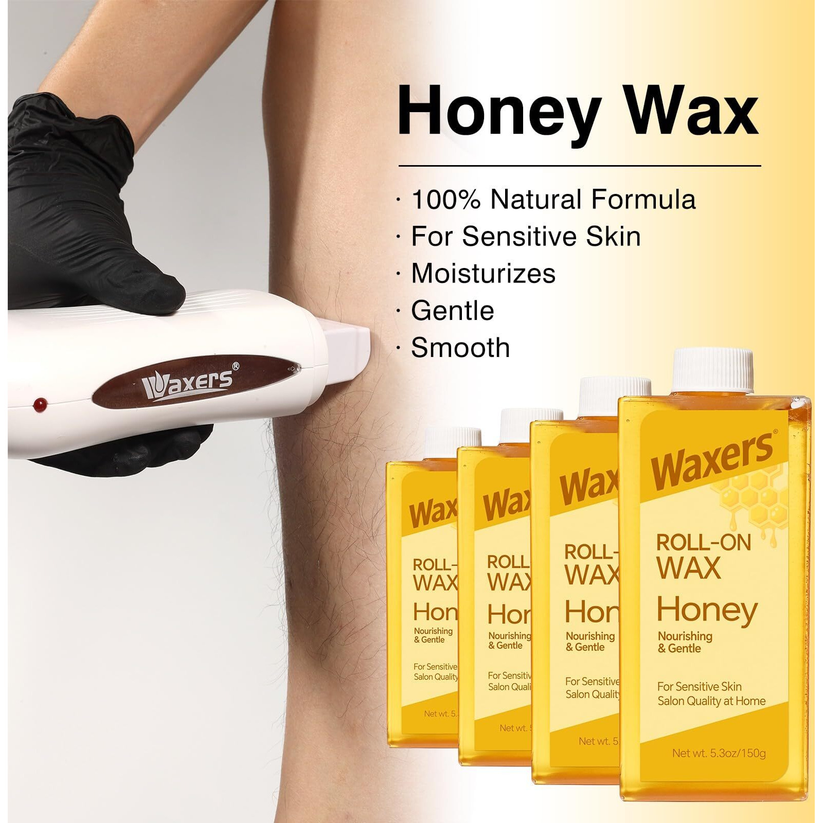 Waxers Roll On Wax Refill For Hair Removal Honey At Home Sugar Roller Waxing Cartridges For Sensitive Skin Depilatory Soft Wax For Legs Arms & Body 5.3Oz 150G 4 Pack