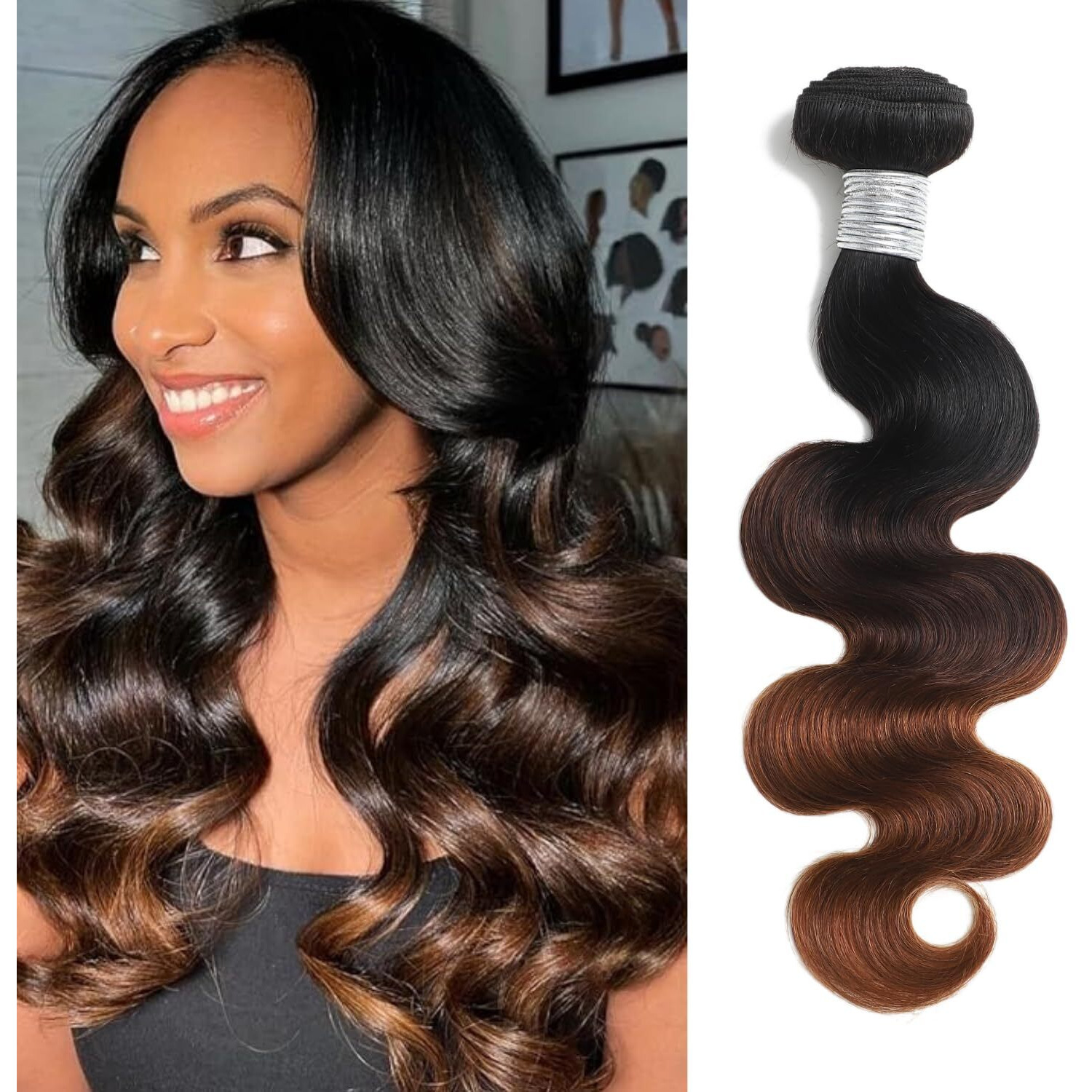 Anmetan 12A Dark Brown Ombre Body Wave Bundle Human Hair 20 Inch, 3 Tone Color T1B/2/30 Chestnut Single 1 Bundle 100% Remy Hair Wavy Bundle Sew In Quick Weave Dark Roots Keep Soft Glossy After Washes
