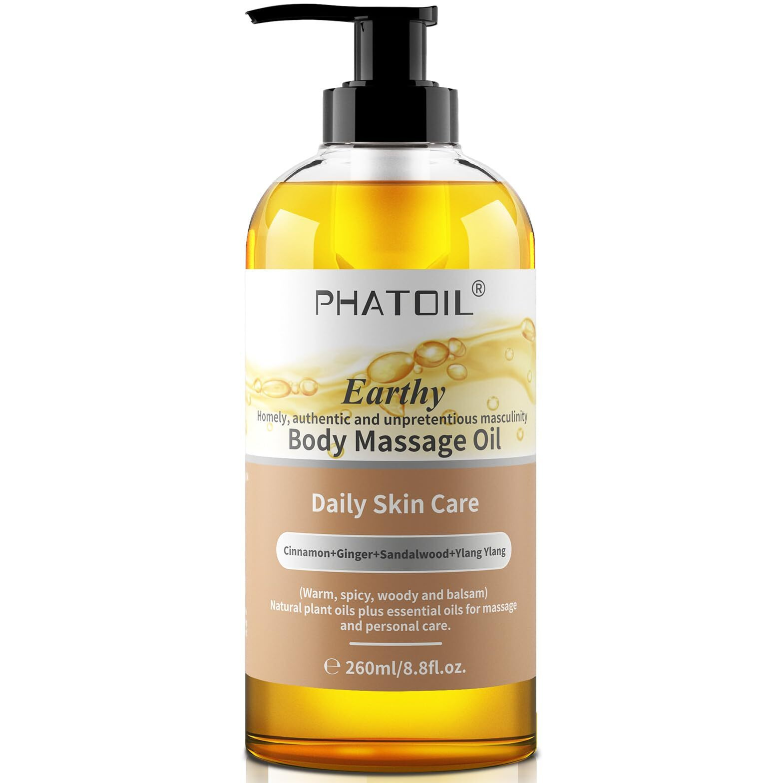 Phatoil Sandalwood Body Oil For Men With Ginger, Ylangylang, Cinnamon, 260Ml Large Bottle Body Oil For Skin, 8.8 Fl.Oz Premium Moisturizer Oil For After Shower, Great For Skin And Body Care