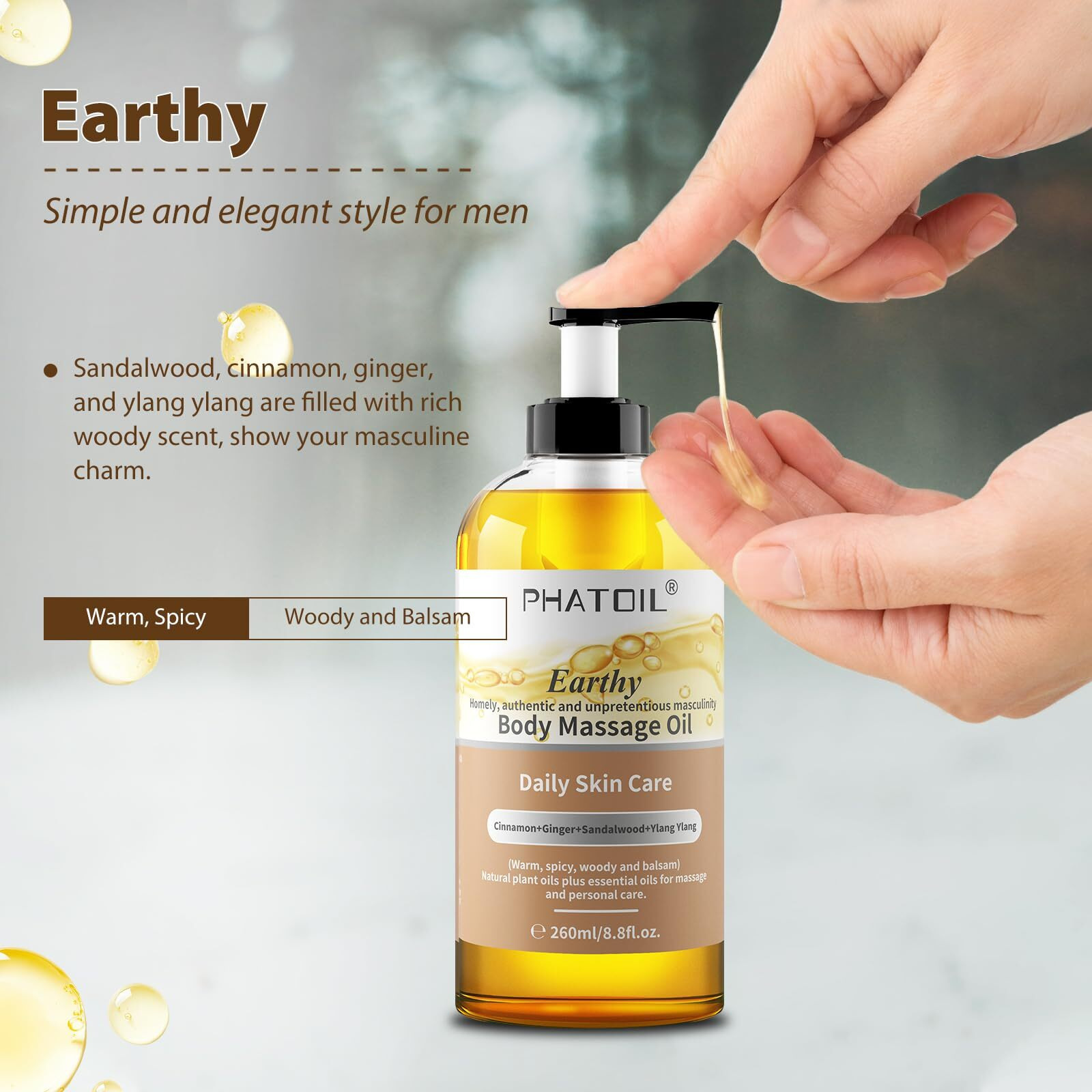 Phatoil Sandalwood Body Oil For Men With Ginger, Ylangylang, Cinnamon, 260Ml Large Bottle Body Oil For Skin, 8.8 Fl.Oz Premium Moisturizer Oil For After Shower, Great For Skin And Body Care