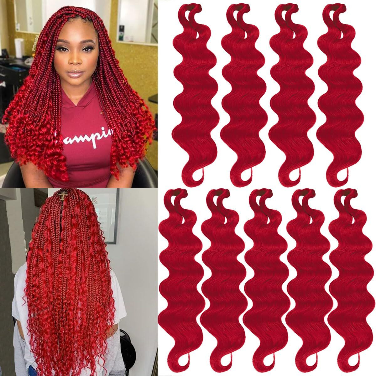 Cookoo 9 Packs Body Wave Braiding Hair 18 Inch Red Pre-Feathered Bouncy Wavy Braiding Hair French Curls Braids Synthetic Hair Extensions For Boho Box Braids(Red)