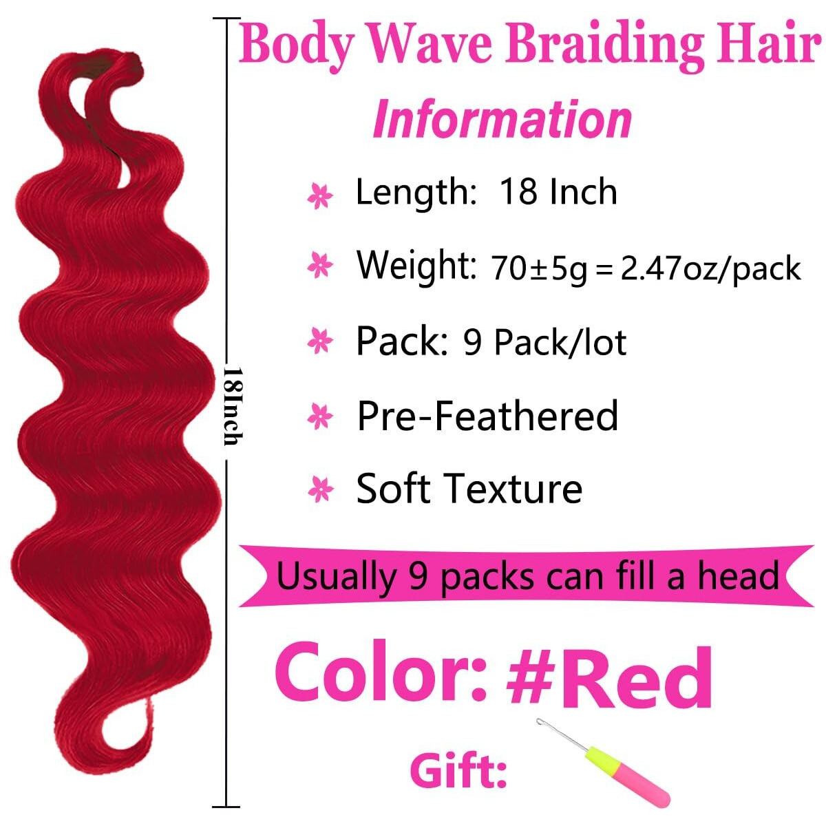Cookoo 9 Packs Body Wave Braiding Hair 18 Inch Red Pre-Feathered Bouncy Wavy Braiding Hair French Curls Braids Synthetic Hair Extensions For Boho Box Braids(Red)