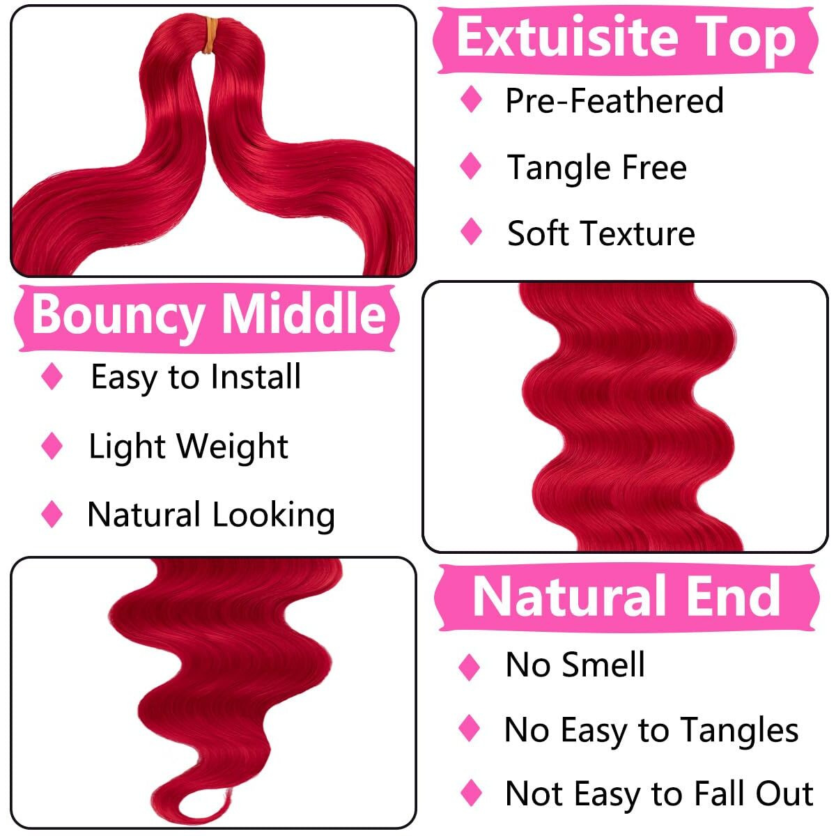 Cookoo 9 Packs Body Wave Braiding Hair 18 Inch Red Pre-Feathered Bouncy Wavy Braiding Hair French Curls Braids Synthetic Hair Extensions For Boho Box Braids(Red)