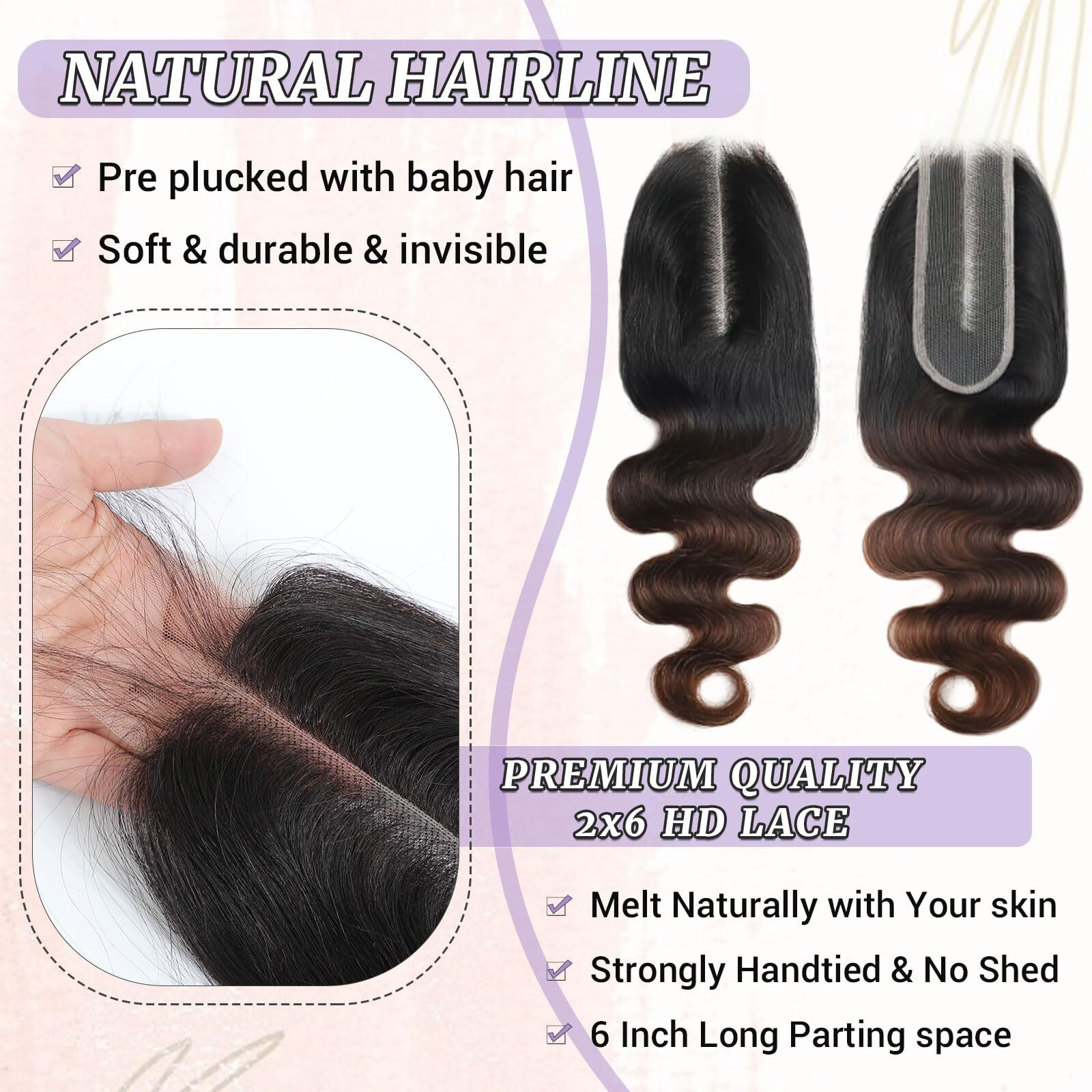 Dsekcain 2X6 Hd Lace Closure Body Wave Human Hair T1B/2/30 Chestnut Brown Ombre Transparent Lace Closure 2X6 Long Middle Part 100% Raw Virgin Human Hair 18 Inch 150% Density