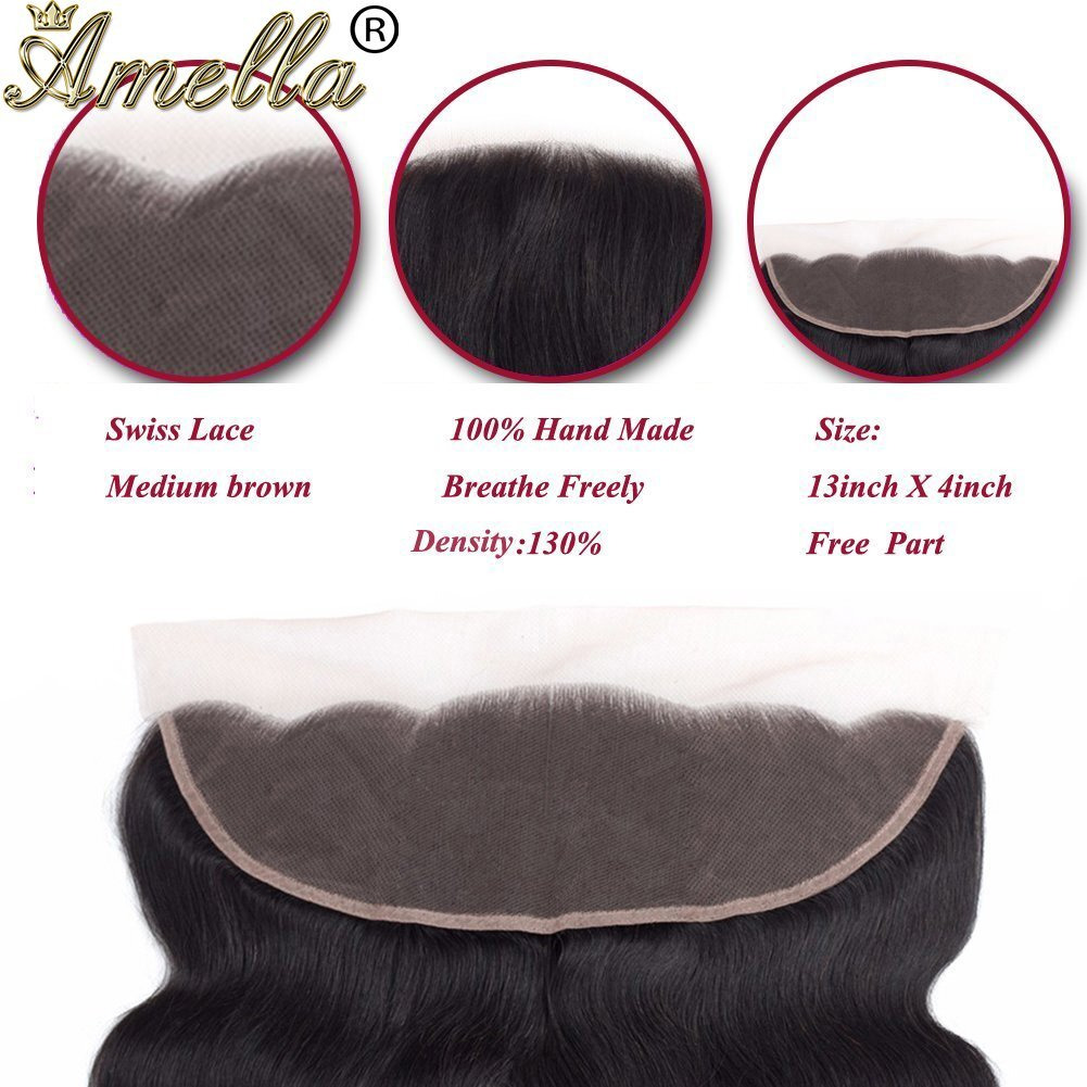 Amella Hair 8A Brazilian Body Wave Frontal Free Part(18 20 22+16 Frontal) 100% Unprocessed Brazilian Body Wave Frontal With Baby Hair Natural Black Color