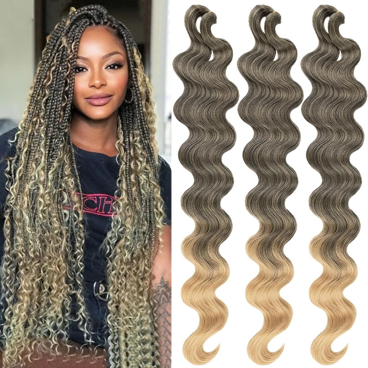 Cookoo 3 Packs Body Wave Braiding Hair 24 Inch Pre-Feathered Ombre Bouncy French Curl Wavy Braiding Hair Wavy Texture Braids Ocean Deap Twist Synthetic Hair Extensions For Women(T27)