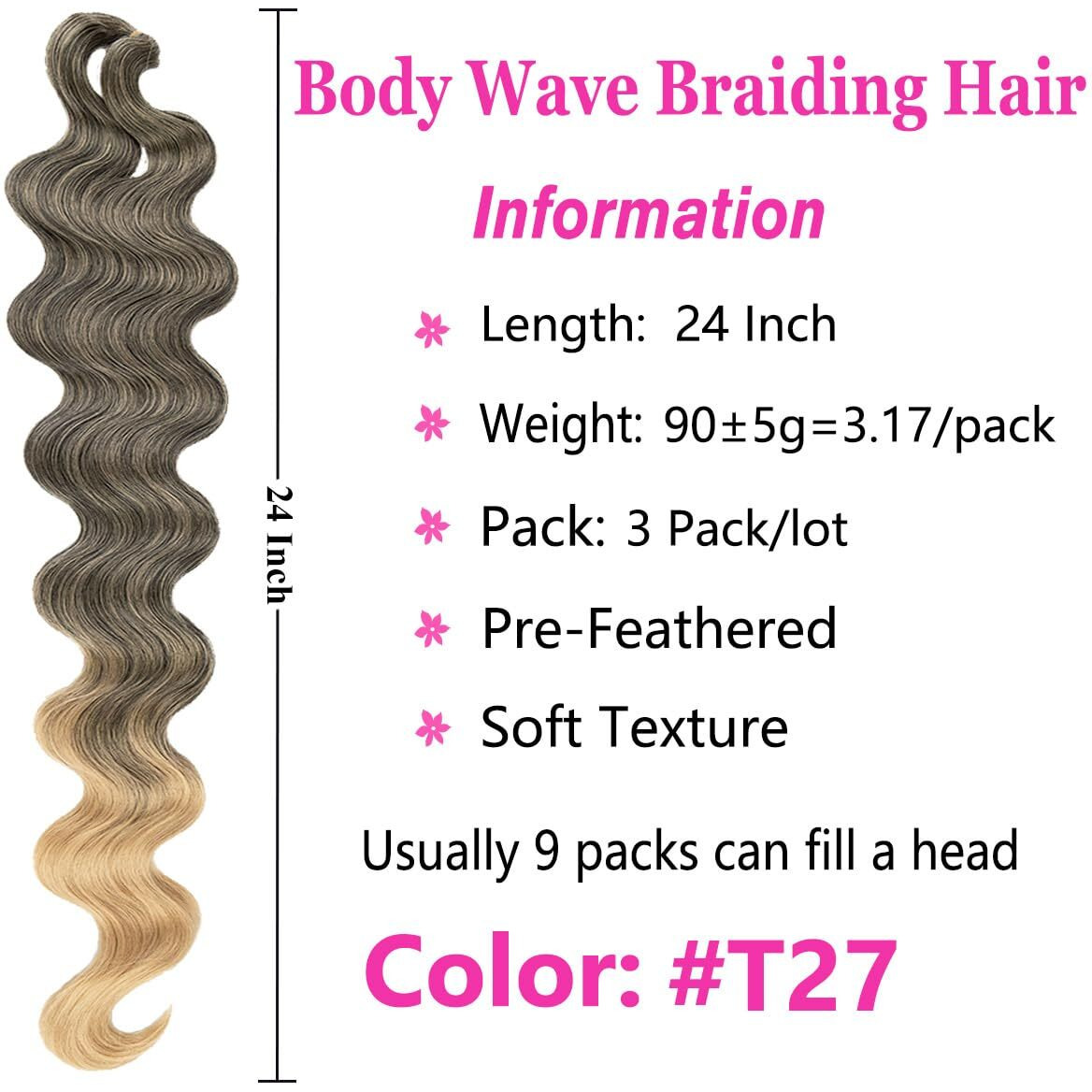 Cookoo 3 Packs Body Wave Braiding Hair 24 Inch Pre-Feathered Ombre Bouncy French Curl Wavy Braiding Hair Wavy Texture Braids Ocean Deap Twist Synthetic Hair Extensions For Women(T27)