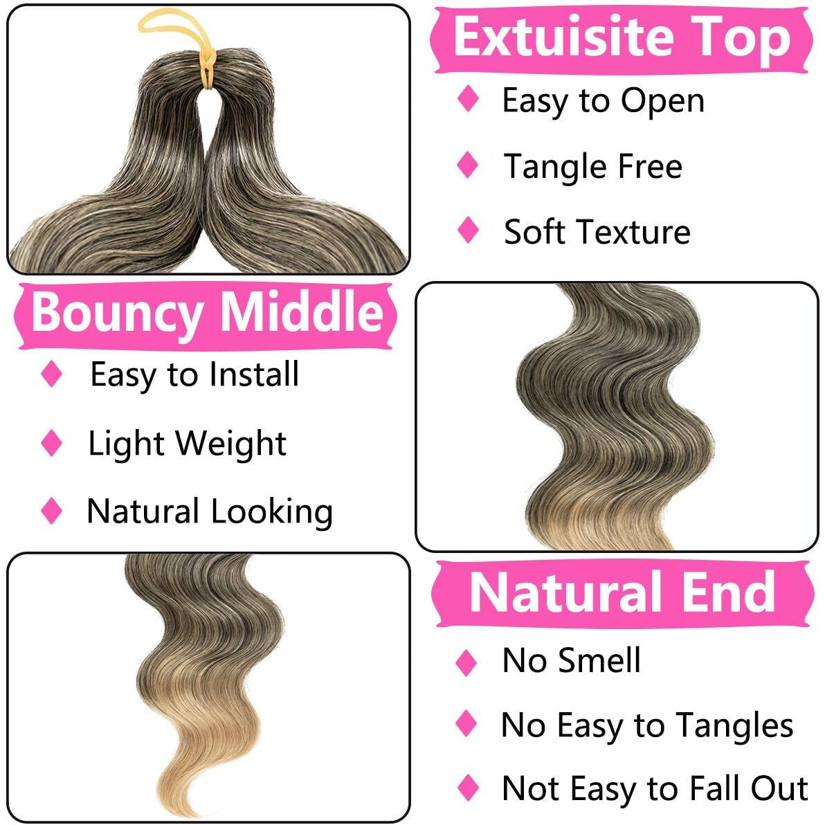 Cookoo 3 Packs Body Wave Braiding Hair 24 Inch Pre-Feathered Ombre Bouncy French Curl Wavy Braiding Hair Wavy Texture Braids Ocean Deap Twist Synthetic Hair Extensions For Women(T27)