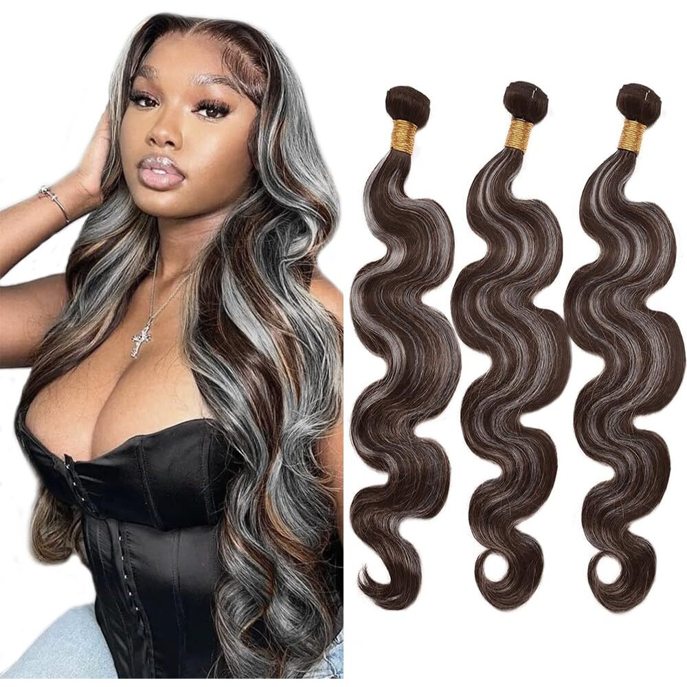 Gray Bundles Human Hair 28 30 32 Inch P4/Grey Body Wave Human Hair Bundles Soft And Healthy Brazilian Virgin Remy Hair Extensions Double Weft Ombre Bundle Hair Weave