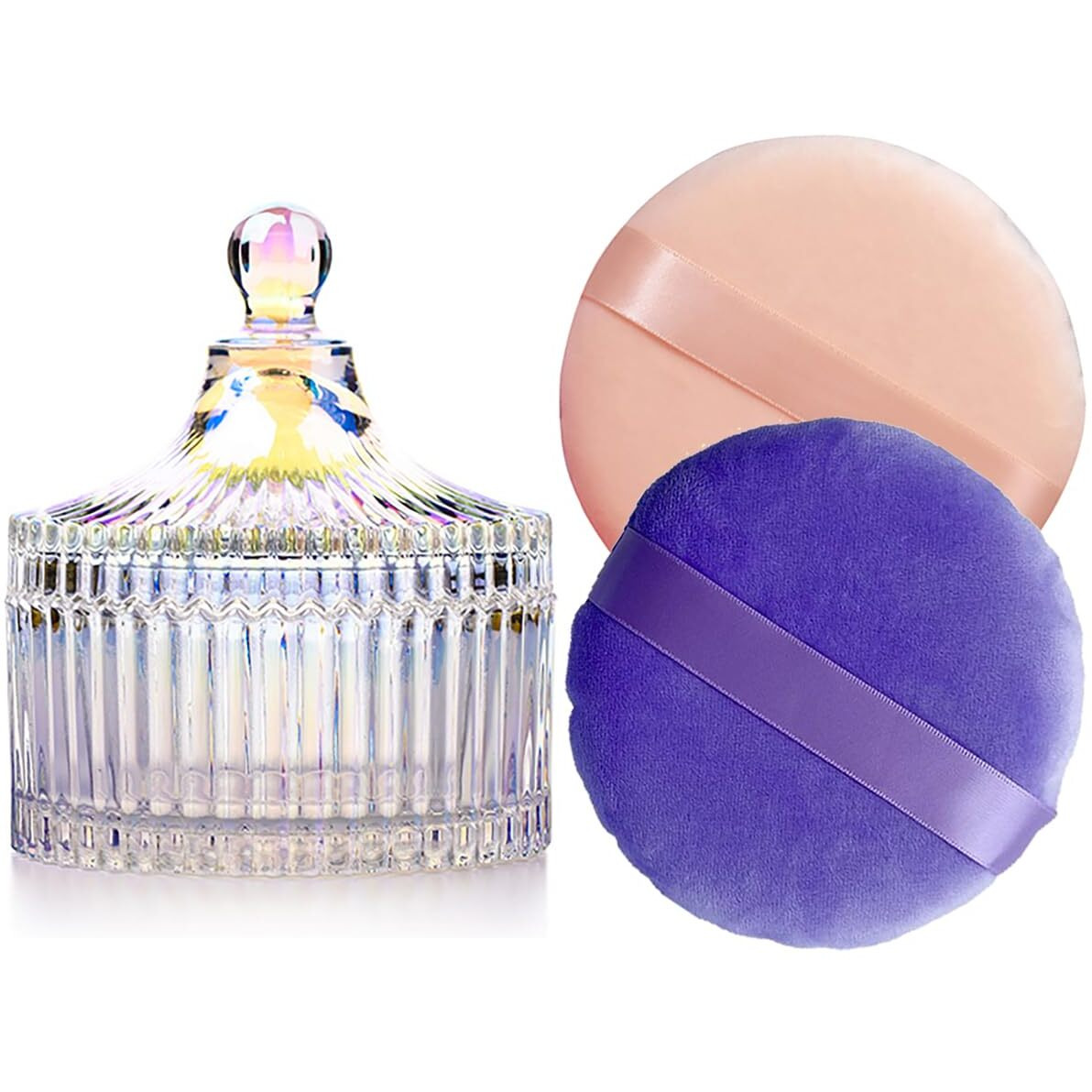 2 Pack Extra Large 5.2"" Beige & Purple Powder Puffs And 5.3"" Glass Container - Oversized Soft Body & Face Large Powder Puff Dusting Powder Jar Holder Case(Dazzling Colors Glass)