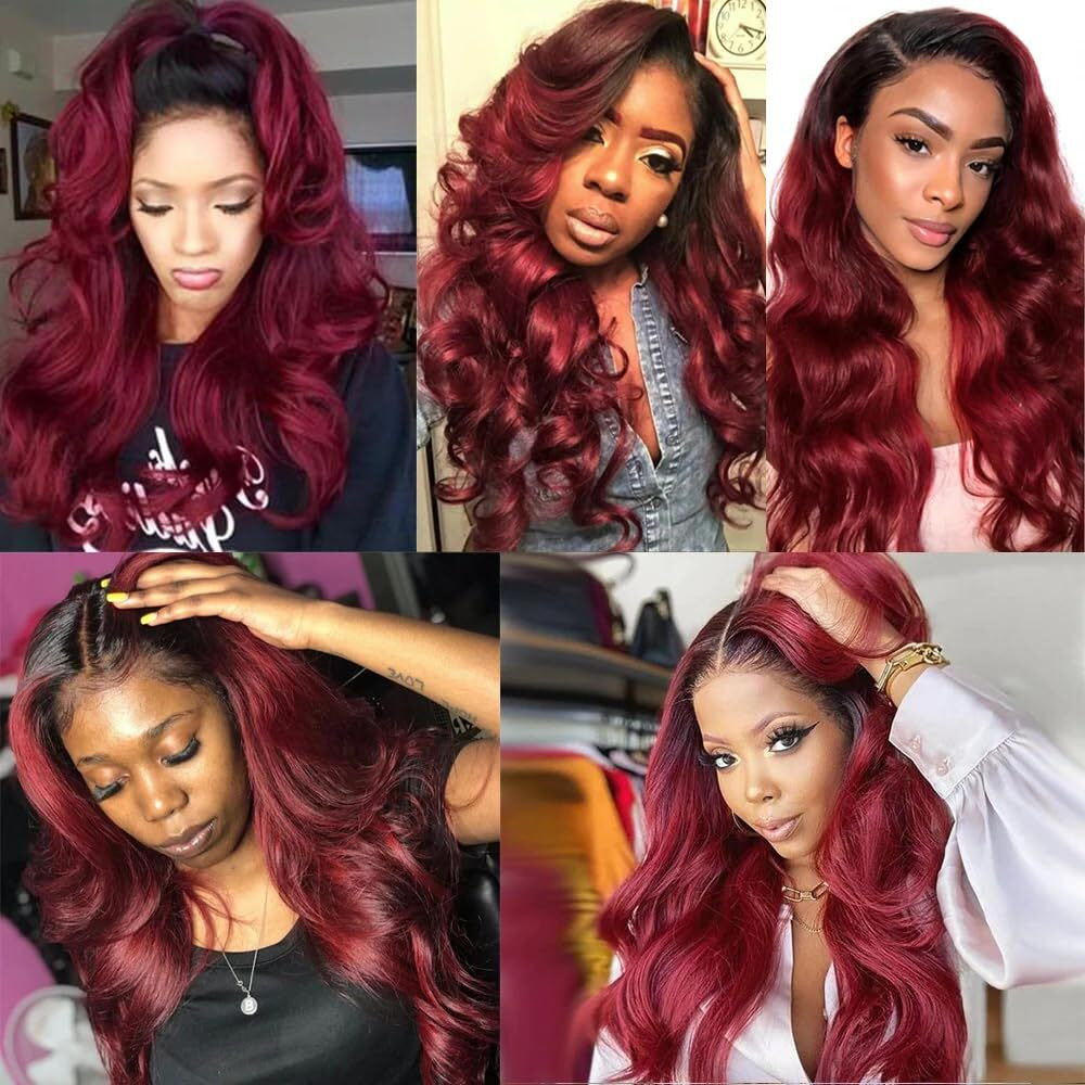 Niciitysi Color 1B99J Body Wave Human Hair Wine Red Bundles Ombre Two Tone Black And Burgundy Bundles Double Weft Brazilian Hair Extensions Soft And Silky 22 24 26 Inch