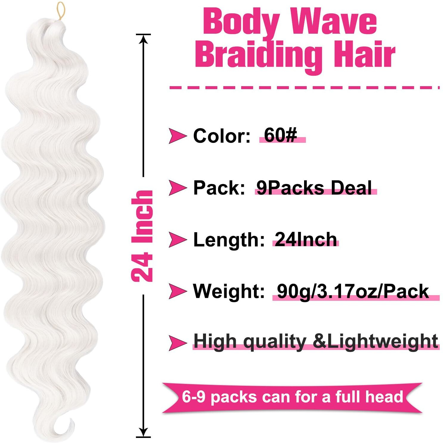 Unionbeauty Pre-Feathered Braiding Hair 24 Inch 9Cs Body Wave Braiding Hair Crochet Braids For Goddess Box Braids Crochet Hair White Synthetic Crochet Hair Extension For Women (White)
