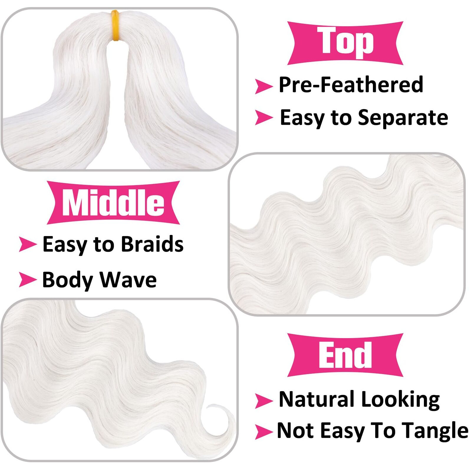Unionbeauty Pre-Feathered Braiding Hair 24 Inch 9Cs Body Wave Braiding Hair Crochet Braids For Goddess Box Braids Crochet Hair White Synthetic Crochet Hair Extension For Women (White)