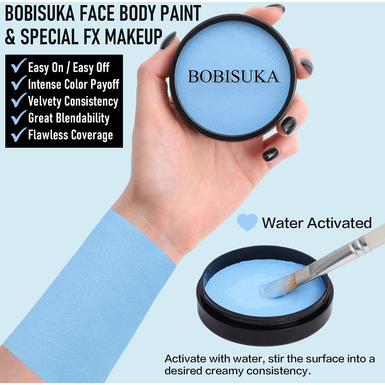 Bobisuka Light Blue Face Body Paint, Water-Based Face Painting Kit & Body Paints, Kids Adults Facepaint For Halloween Sally Avatar Corpse Bride Smurf Sfx Makeup, Costume Cosplay Party Theater & Stage