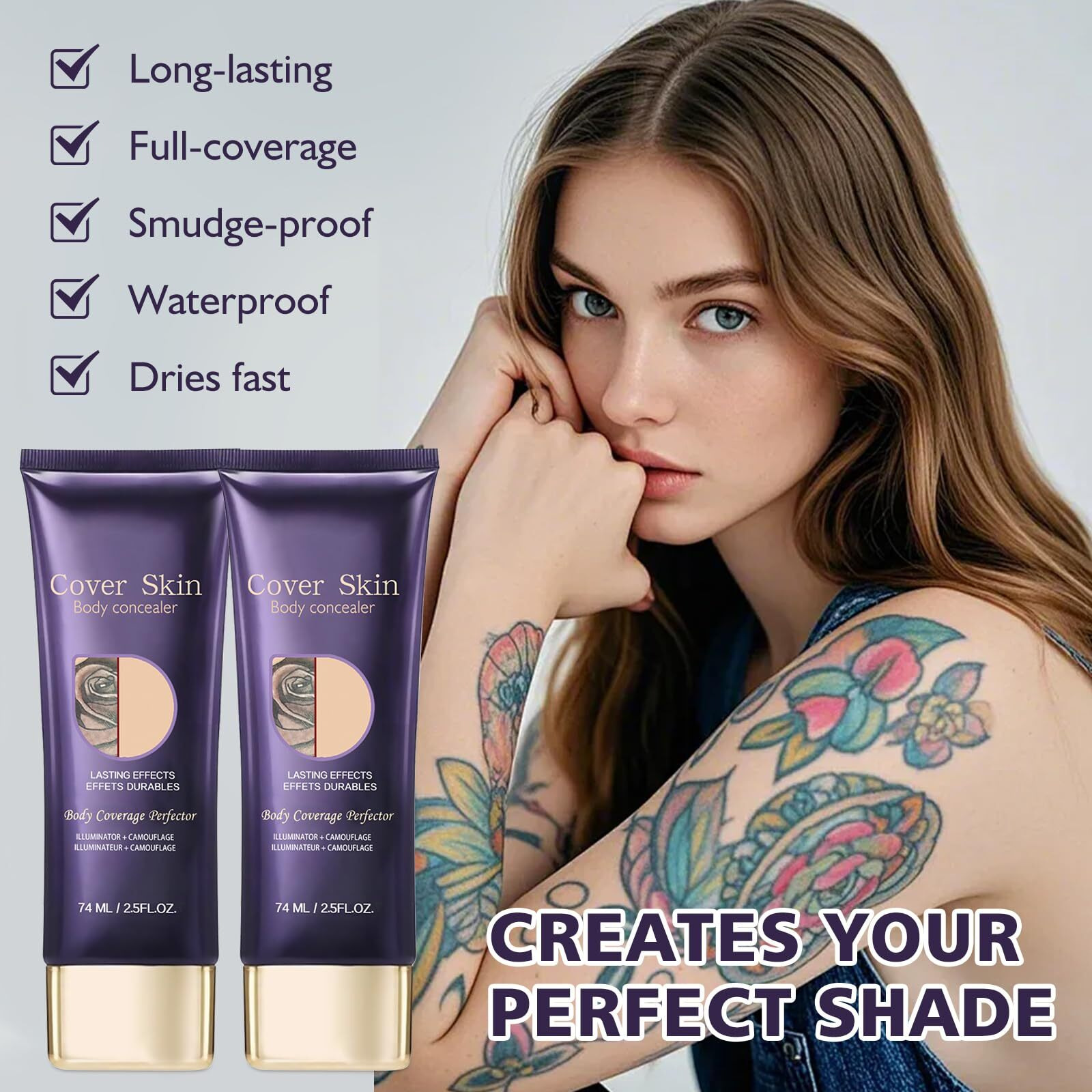 All Over Complexion Perfector,Body Coverage Perfector,Tattoo Cover Up Makeup Waterproof,Transfer-Resistant Body Makeup,Long Last Body Foundation (2Pcs)