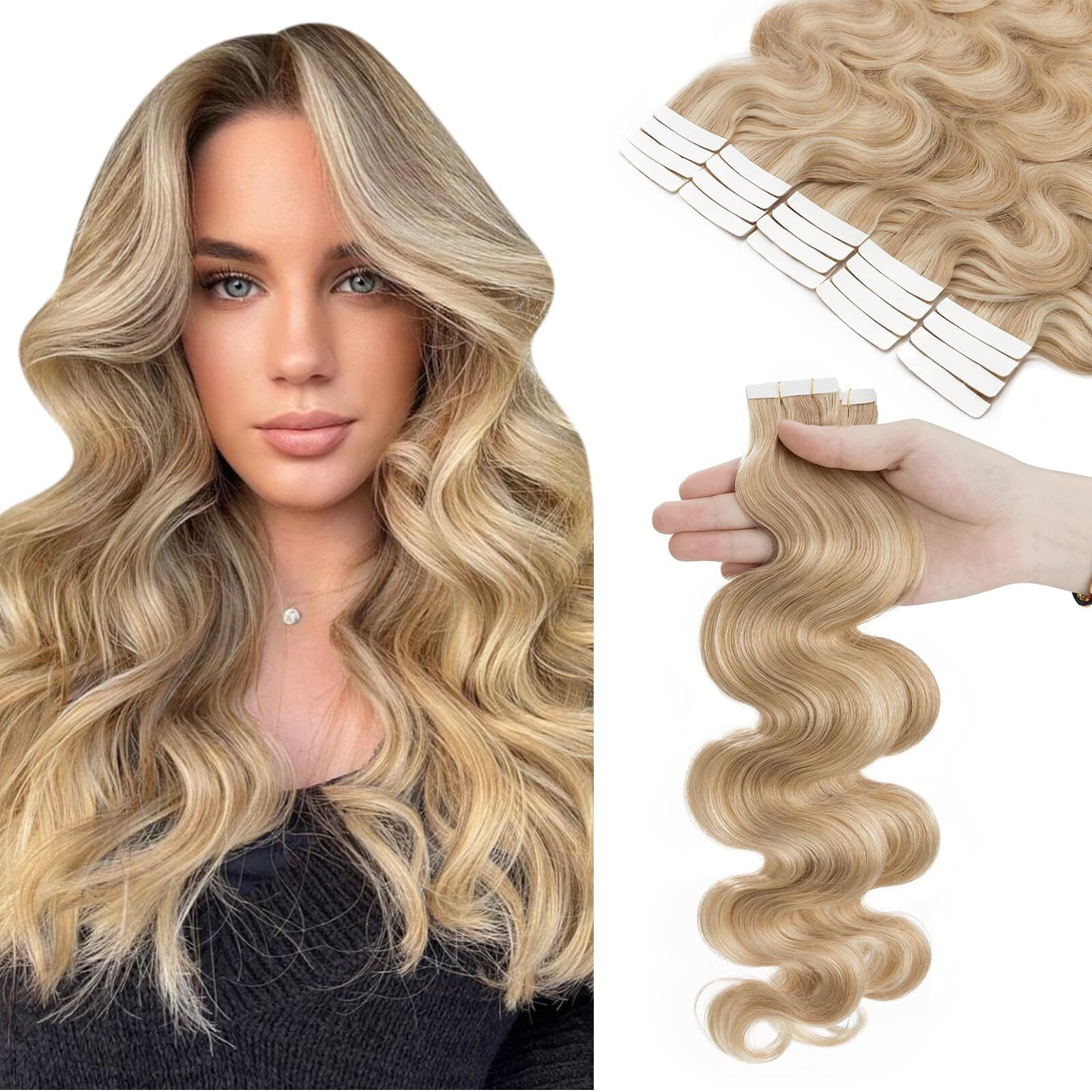 Hairro 22 Inch Tape In Human Hair Extensions Body Wave 20Pcs 50G/Pack Highlight 18/613 Ash Blonde Mix Bleach Blonde Long Wavy Seamless Skin Weft Glue In Human Hairpieces Balayage