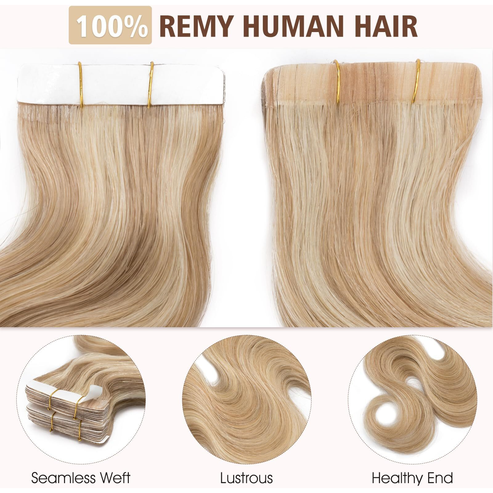 Hairro 22 Inch Tape In Human Hair Extensions Body Wave 20Pcs 50G/Pack Highlight 18/613 Ash Blonde Mix Bleach Blonde Long Wavy Seamless Skin Weft Glue In Human Hairpieces Balayage