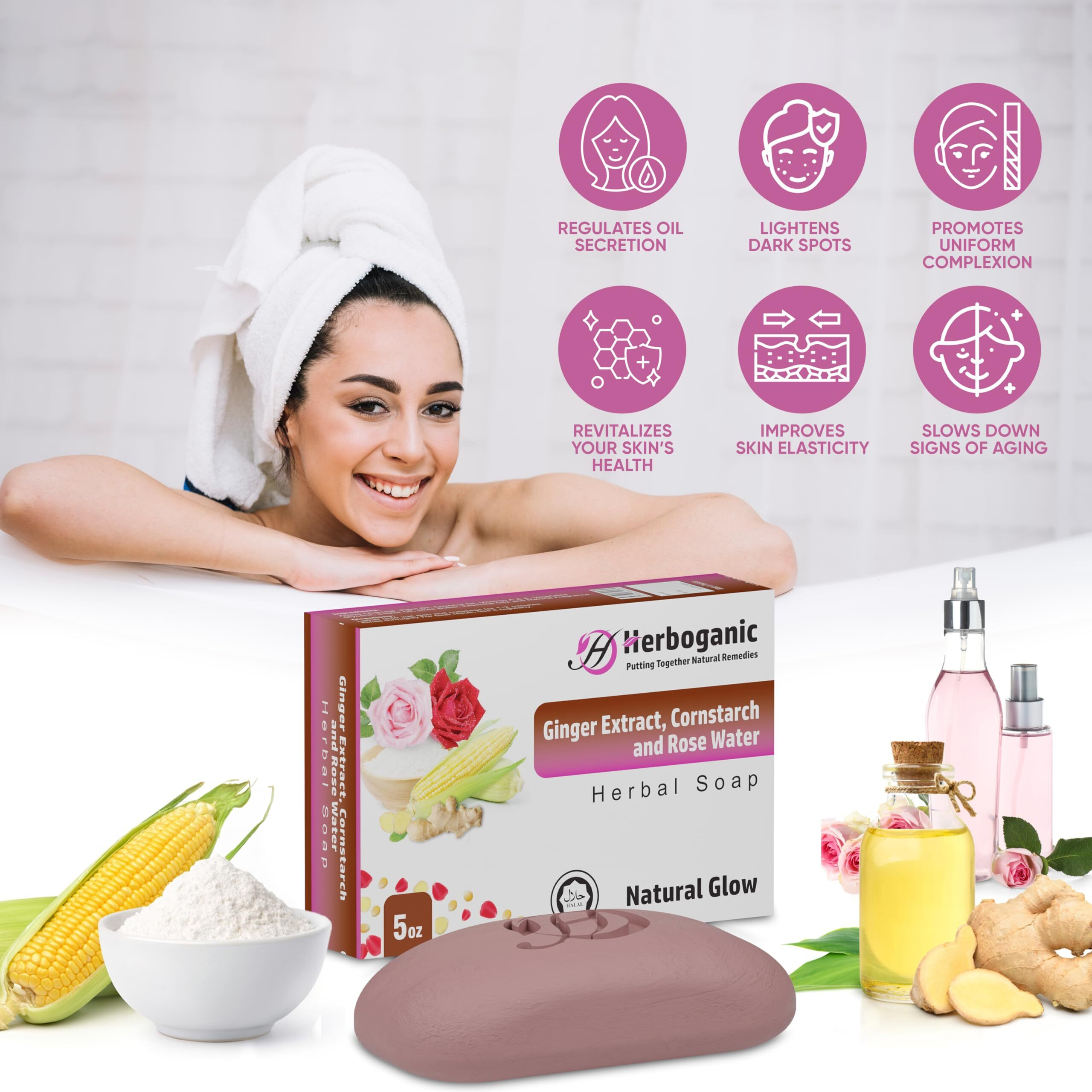 Herboganic Ginger Extract, Cornstarch And Rose Water Herbal Soap | Pack Of 3 Of 5Oz Soap Bar | Natural Bar Soap For Face And Body | Hydrating And Nourishing | Suitable For Men And Women