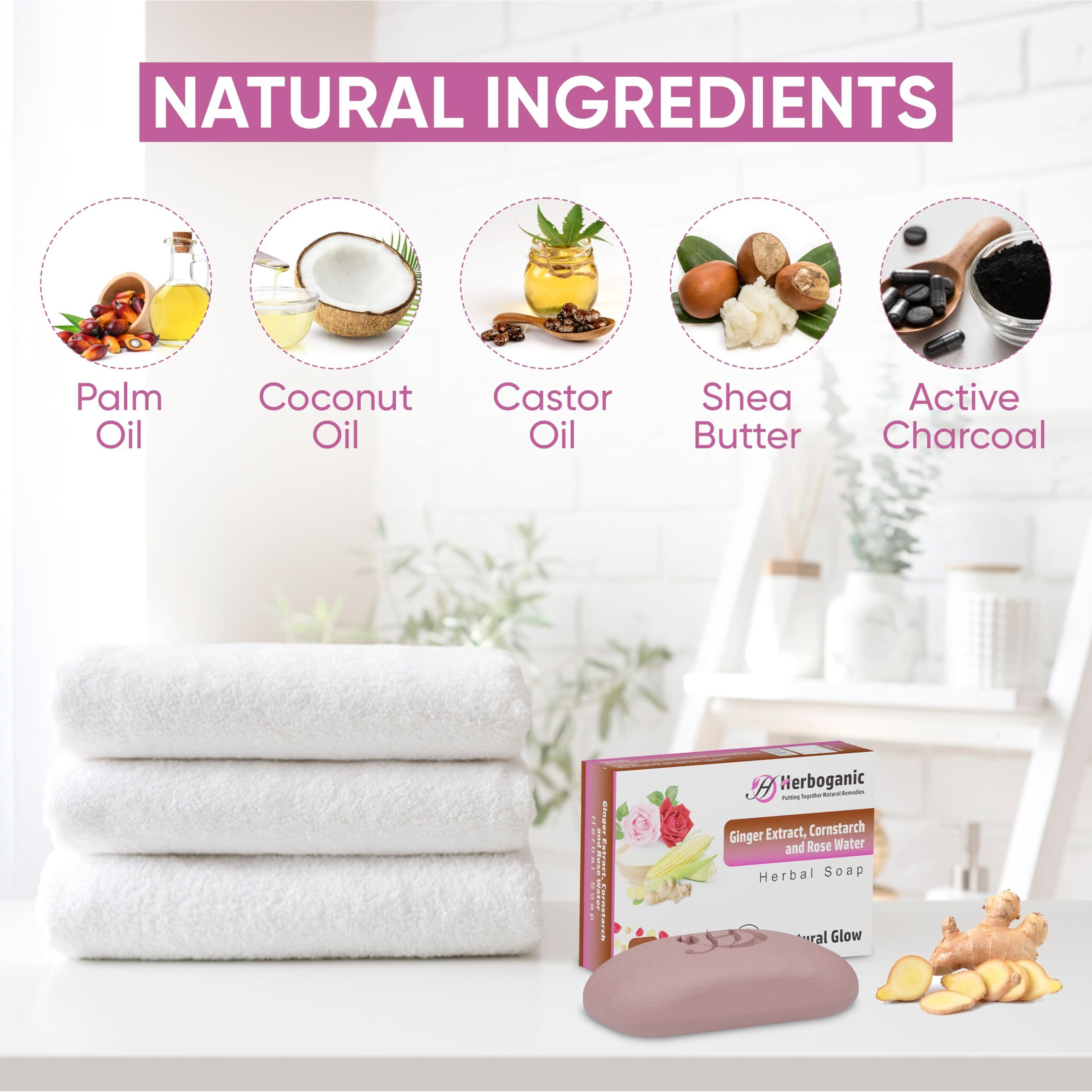 Herboganic Ginger Extract, Cornstarch And Rose Water Herbal Soap | Pack Of 3 Of 5Oz Soap Bar | Natural Bar Soap For Face And Body | Hydrating And Nourishing | Suitable For Men And Women