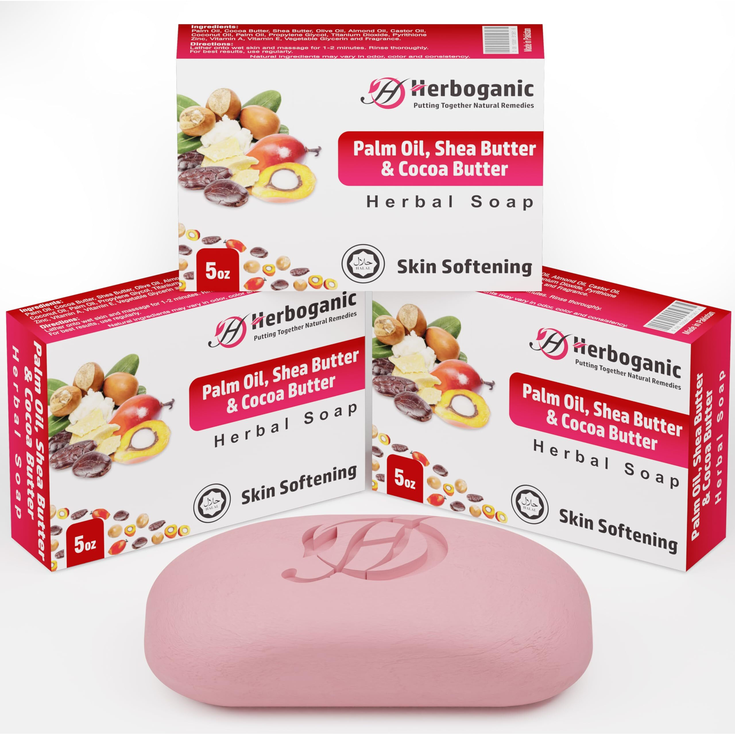 Herboganic Palm Oil, Shea Butter And Cocoa Butter Herbal Soap | Pack Of 3 Of 5Oz Soap Bar | Natural Bar Soap For Face And Body | Hydrating And Nourishing | Suitable For Men And Women