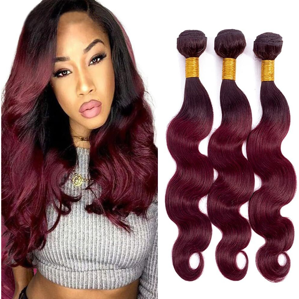 1B99J Bundles Ombre Body Wave Human Hair Bundles Two Tone Black And Wine Red Human Hair 20 22 24 Inch Brazilian Virgin Remy Hair Extensions Burgundy Body Wave Bundle Hiar Weave