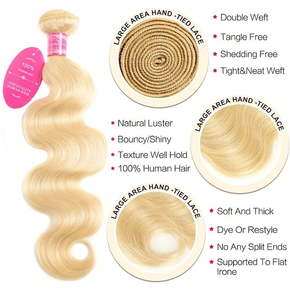Yisea 613 Blonde Bundles With Closure Brazilian Body Wave 3 Bundles With Closure Blonde Human Hair Bundles With Closure Remy Hair (10 12 14+10, 613)