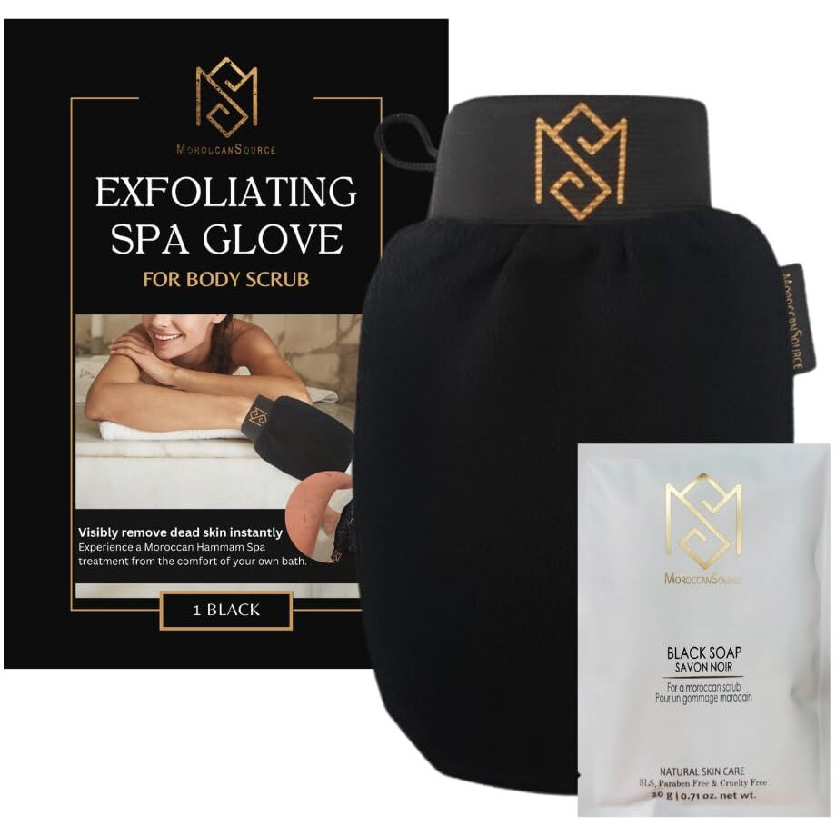 Exfoliating Glove Kessa Mitt Body Scrubber - Dead Skin Remover Shower Glove For Dead Skin Scrubbing And Deep Pore Cleansing - By Moroccansource (1 Pack Black With Soap Sample)