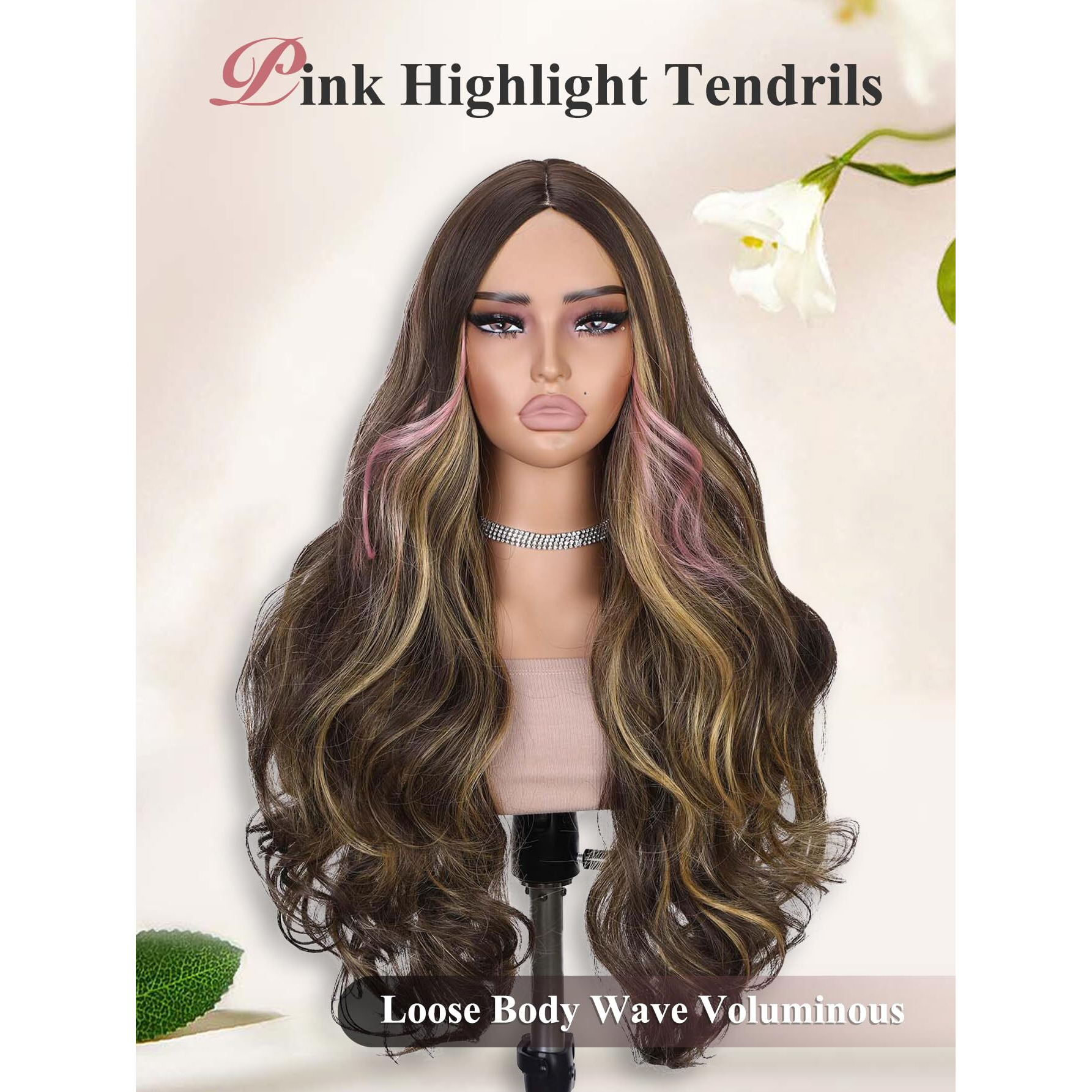 Fancee Brown And Pink Wavy Wig Neapolitan Brown Loose Body Wave Long Wig With Blonde Highlight And Pink Tendril 28 Inch Curly Wavy Synthetic 3 Tones Mix Wig For Party Daily Chic Balayage Style