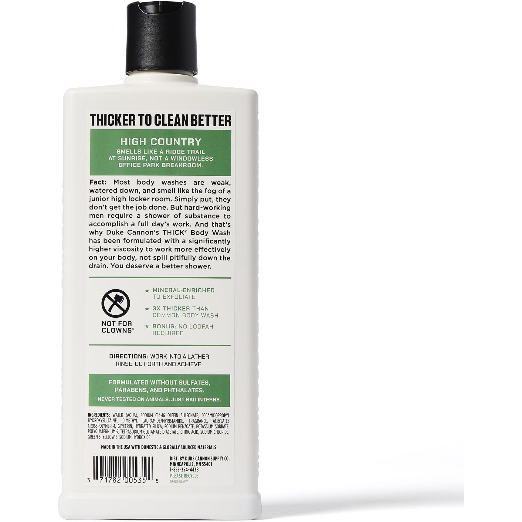 Duke Cannon Supply Co. Mens Thick Body Wash - Free Of Sulfate, Paraben, & Phthalates Leaving Skin Soft And Hydrated - High Viscosity Odor Protection - Long Lasting Freshness - High Country (18Oz)