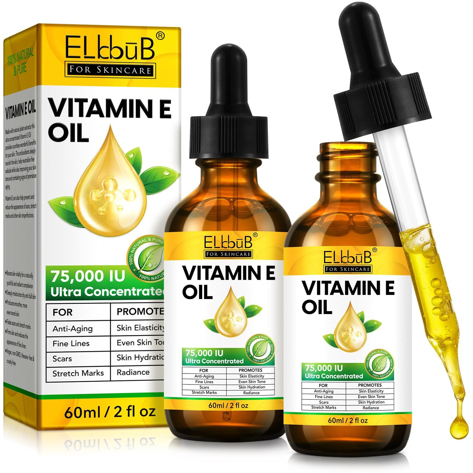 Elbbub Vitamin E Oil - 75,000 Iu Ultra Concentrated - Moisturizes, Fades Scars & Stretch Marks, Anti-Aging & Skin Hydration - For Face, Body, Hair, And Nails