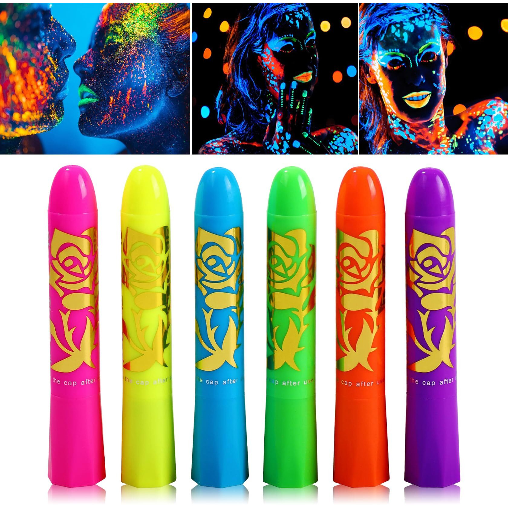 6 Pcs Glow In The Dark Face Body Paint,Blacklight Neon Face & Body Paints,Easily Cleanable Paint Set Neon Makeup Glow In The Dark Party Supplies A
