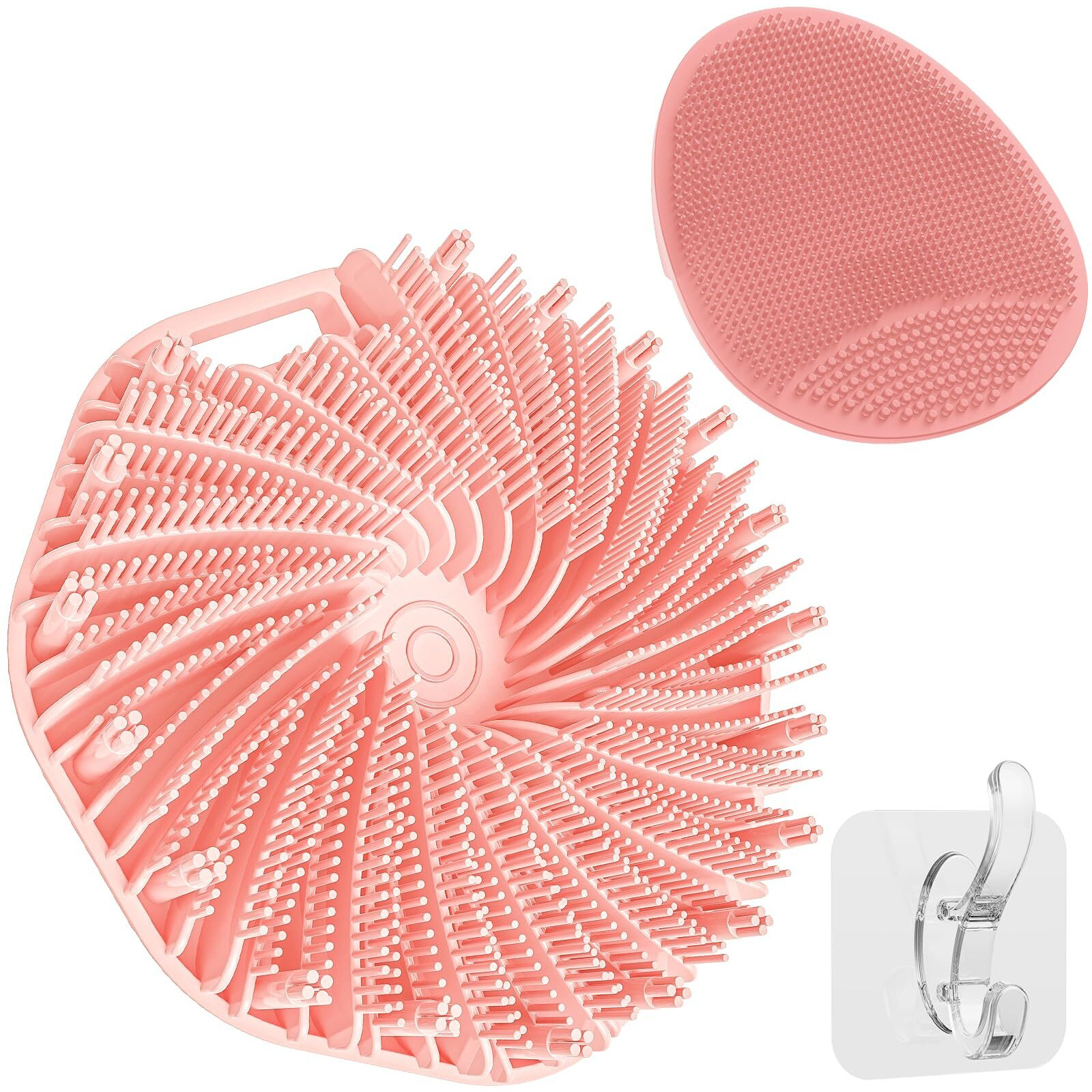 Manmihealth Silicone Handheld Manual Facial Cleansing Brush & Silicone Body Scrubber Shower Brush With Non-Slip Hand Strap Set 2 Pcs, Deep Cleansing Face Body Scrubber With A Free Hook (Pink*2)