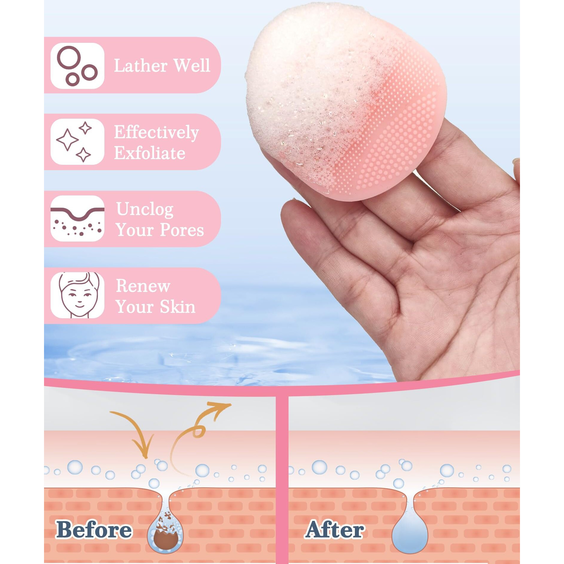 Manmihealth Silicone Handheld Manual Facial Cleansing Brush & Silicone Body Scrubber Shower Brush With Non-Slip Hand Strap Set 2 Pcs, Deep Cleansing Face Body Scrubber With A Free Hook (Pink*2)