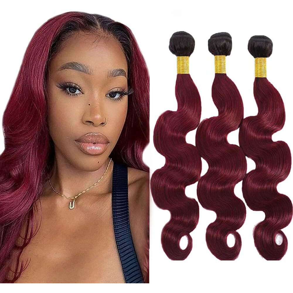 Burgundy Bundles Human Hair Ombre Body Wave Bundle 1B99J Bundles 12 14 16 Inch Unprocessed Brazilian Red Remy Hair Extensions Soft And Healthy Hair Weave