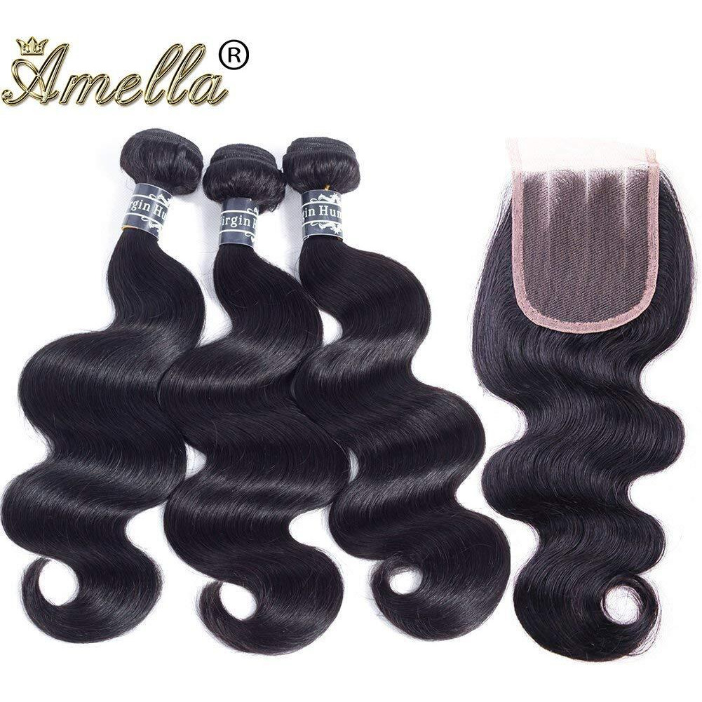 Amella Hair Brazilian Body Wave 3 Bundles With Closure (20 22 24+20 Closure)100% Unprocessed Body Wave Human Hair Weave With 4X4 Three Part Lace Closure Natural Black Color