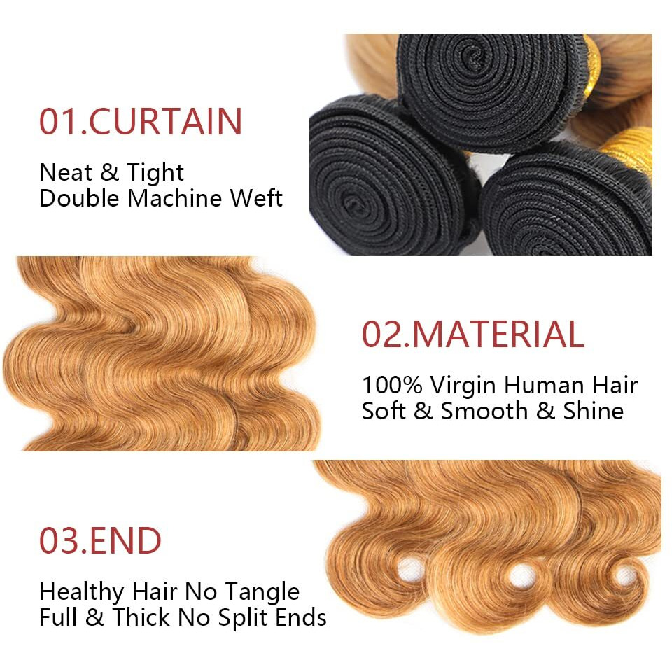 1B27 Ombre Body Wave Bundle Honey Blonde Human Hair Bundle 100% Unprocessed Virgin Hair Brazilian Double Weft Extensions 28 Inch For Women