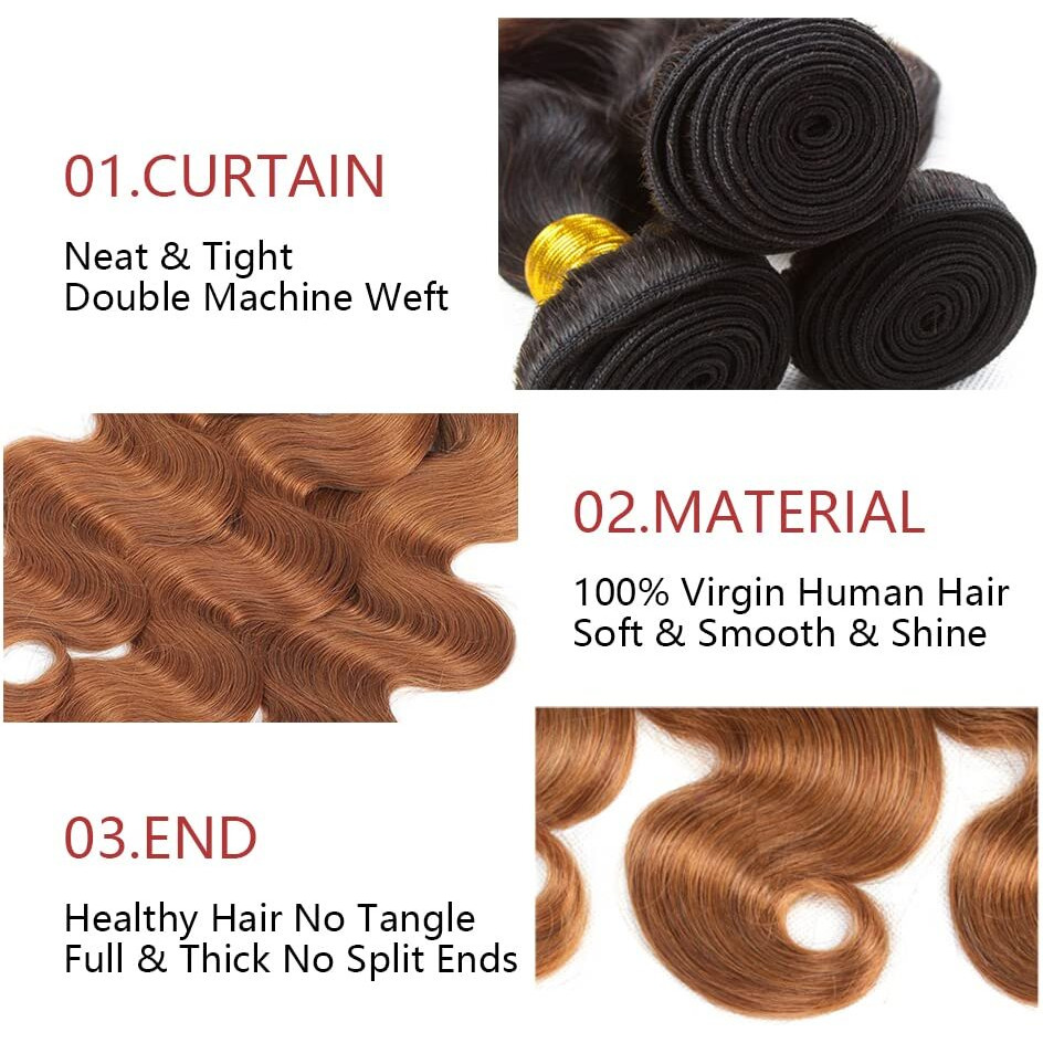 1B30 Ombre Body Wave Bundle Brown Human Hair Bundle 100% Unprocessed Virgin Hair Brazilian Double Weft Extensions Dark Brown Color 12 Inch For Women