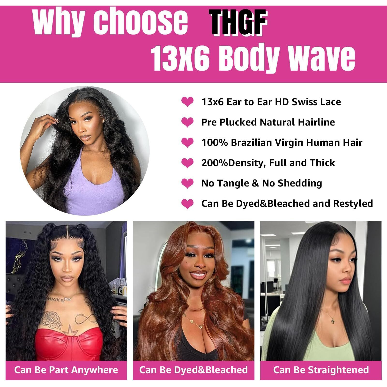 Thgf 34 Inch Body Wave Lace Front Wigs Human Hair Wig For Women 13X6 Hd Lace Front Wigs 200 Density Glueless Wig Pre Plucked With Baby Hair