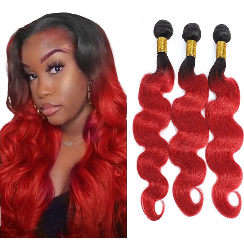 1B/Red Human Hair Bundles Ombre Body Wave Bundles Brazilian Virgin Human Hair 8 10 12 Inch Two Tone Black Roots To Red Bundle