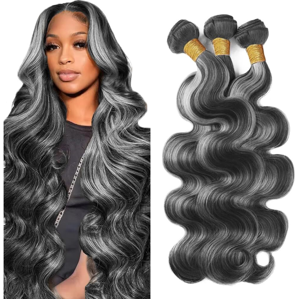 P1Bgray Bundles Highlight Body Wave Human Hair Bundle 1Bgray Hair Weave Two Tone Salt And Pepper Bundle 8A Grade Ombre Gray Body Wave 3 Bundles 22 24 26 Inch